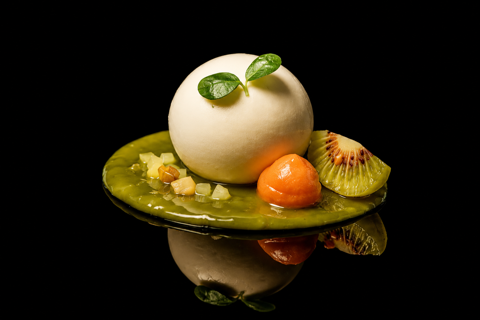 Gâteau blanc rond avec deux feuilles vertes sur le dessus, entouré de morceaux de kiwi, une boule orange, et des petits morceaux de fruits sur une assiette verte, reflet noir en arrière-plan.