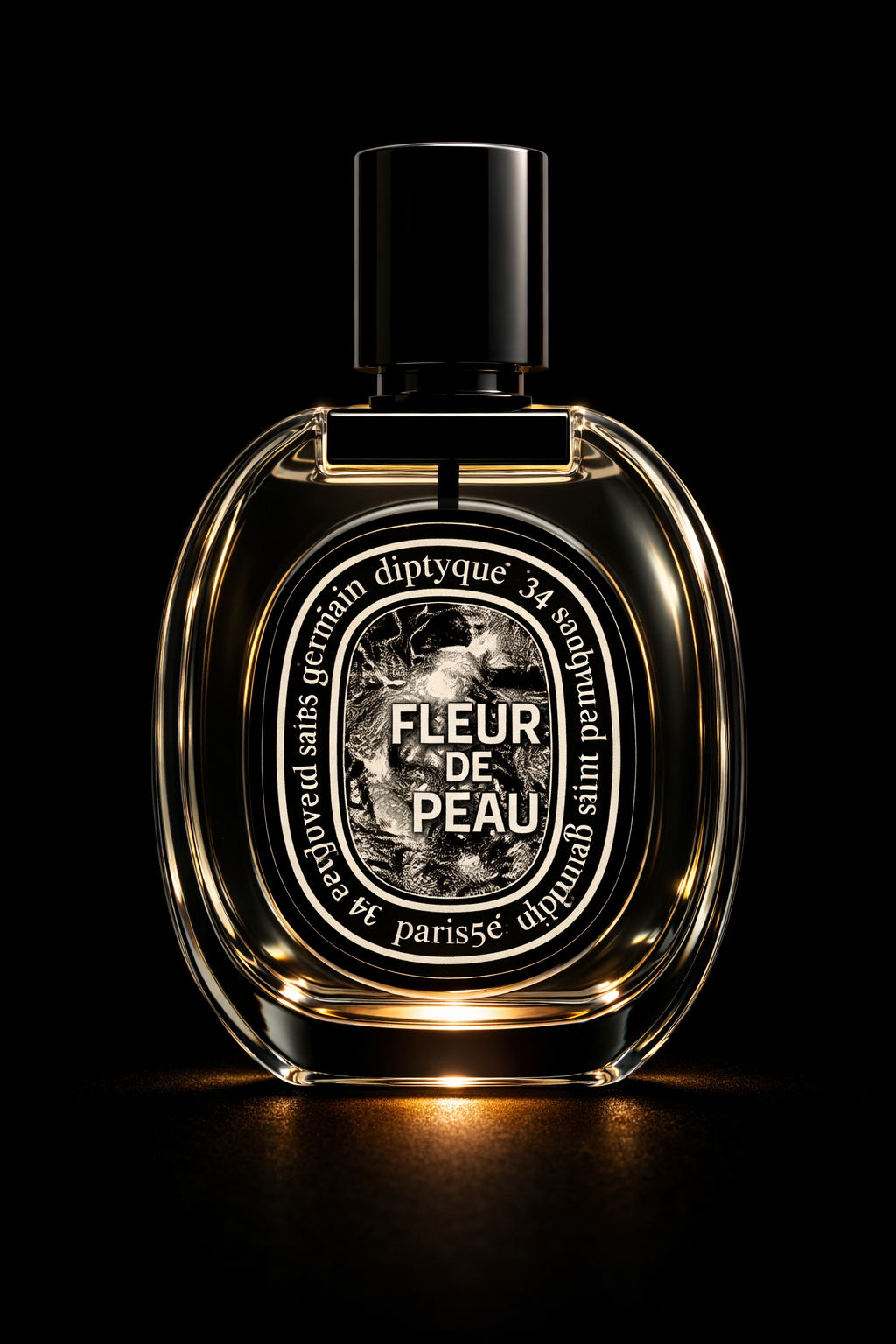 Une bouteille de parfum noire avec un étiquette illustrée, nommée 'FLEUR DE PEAU', sur fond noir lumineux