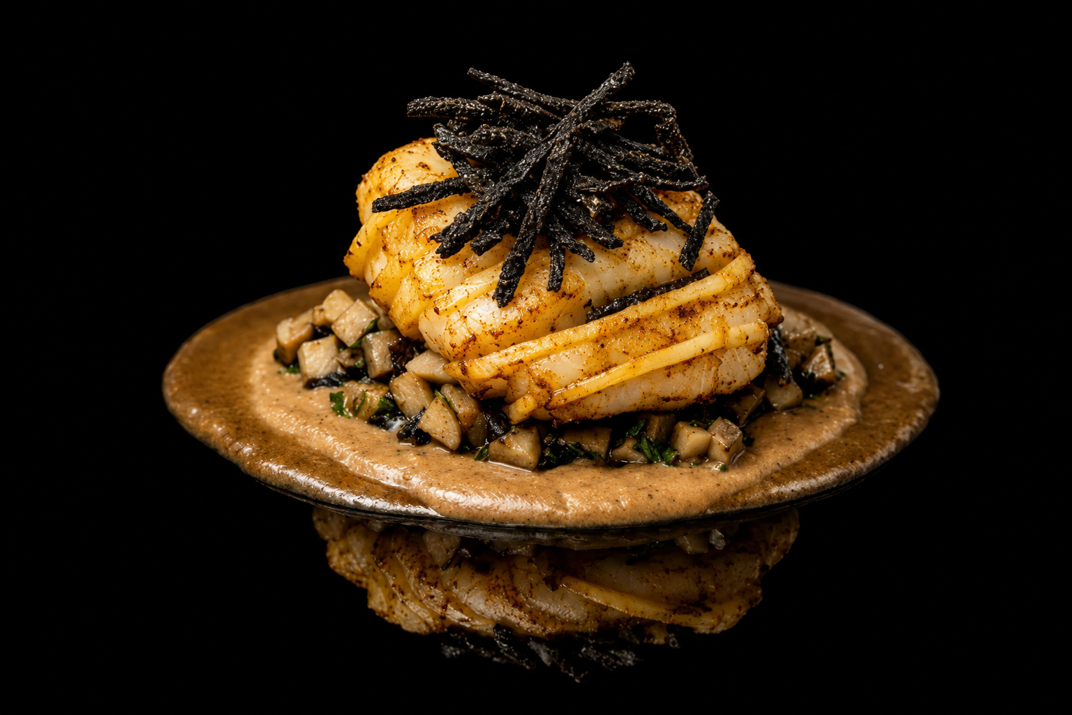 Poisson grillé avec une sauce, légumes coupés, garniture de fines lamelles de nori, présenté sur une assiette en céramique