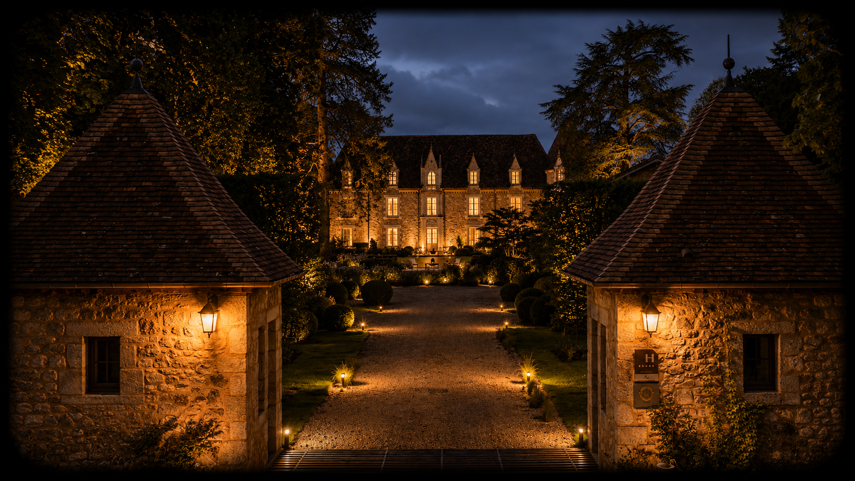 Un château historique illuminé la nuit, entouré de jardins avec des lumières d'ambiance, vue depuis l'entrée avec deux petites maisons en pierre et des lampadaires.