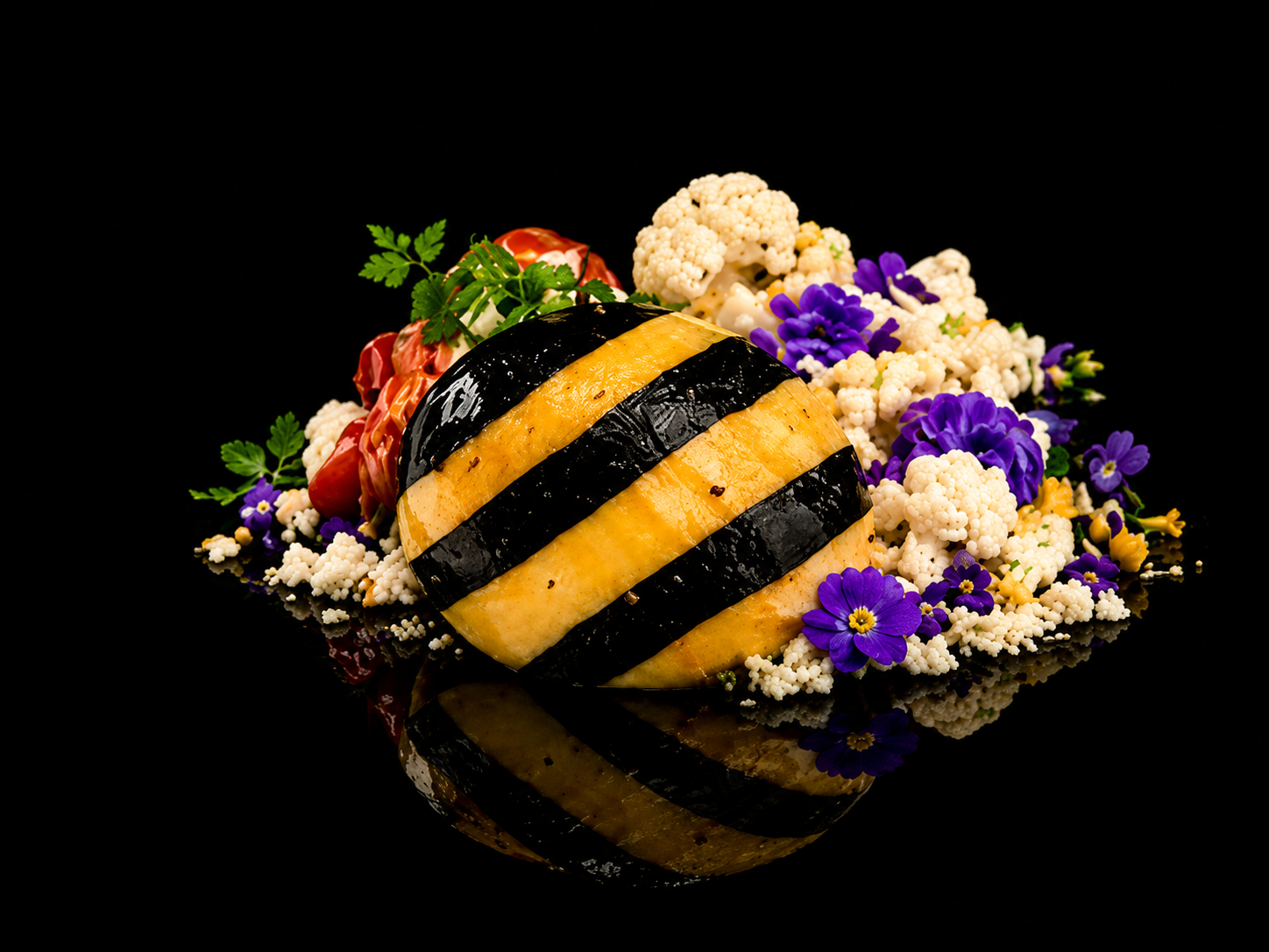 Poisson de sushi noir et jaune avec fleurs violettes et blanches sur un fond noir.