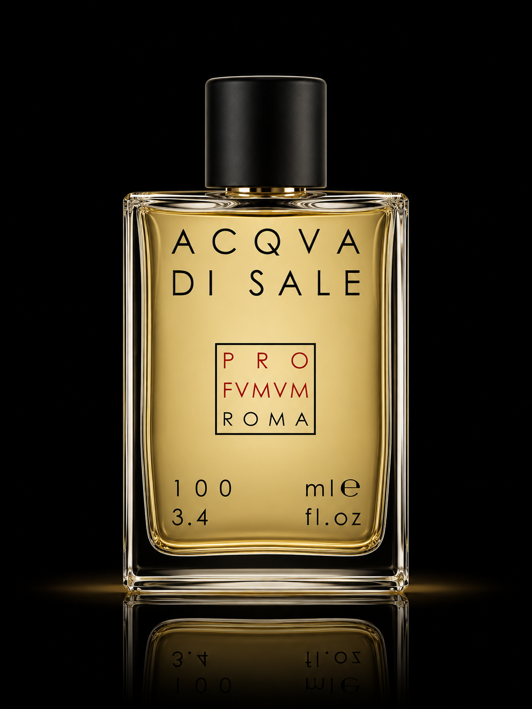 Flacon de parfum noir et transparent avec liquide jaune, marqué 'Acqua di Sale' et 'Pro Fvmm Roma', 100 ml, 3.4 fl oz, sur fond noir.