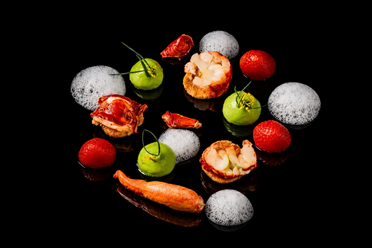 Assiette de plats fins avec des fruits rouges, des sphères vertes, du crabe en boule, une crise de homard, de la mousse blanche et un crustacé entier, sur un fond noir.