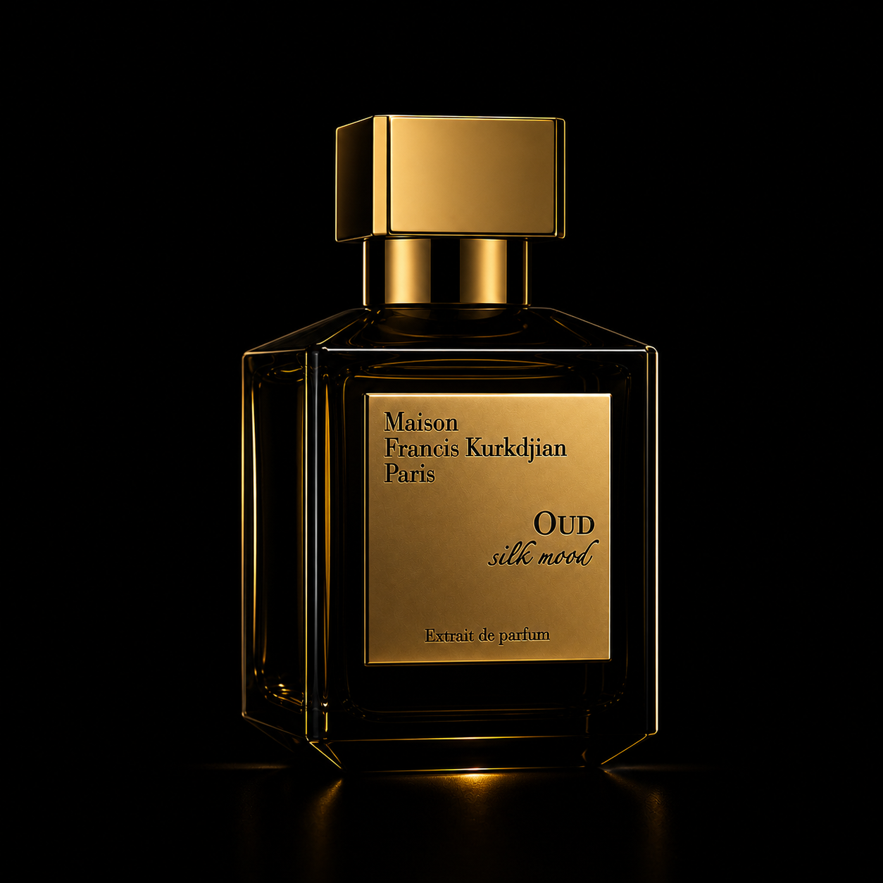 Flacon de parfum noir et doré avec étiquette indiquant 'Maison Francis Kurkdjian Paris, Oud silk mood, Extrait de parfum' sur fond noir.