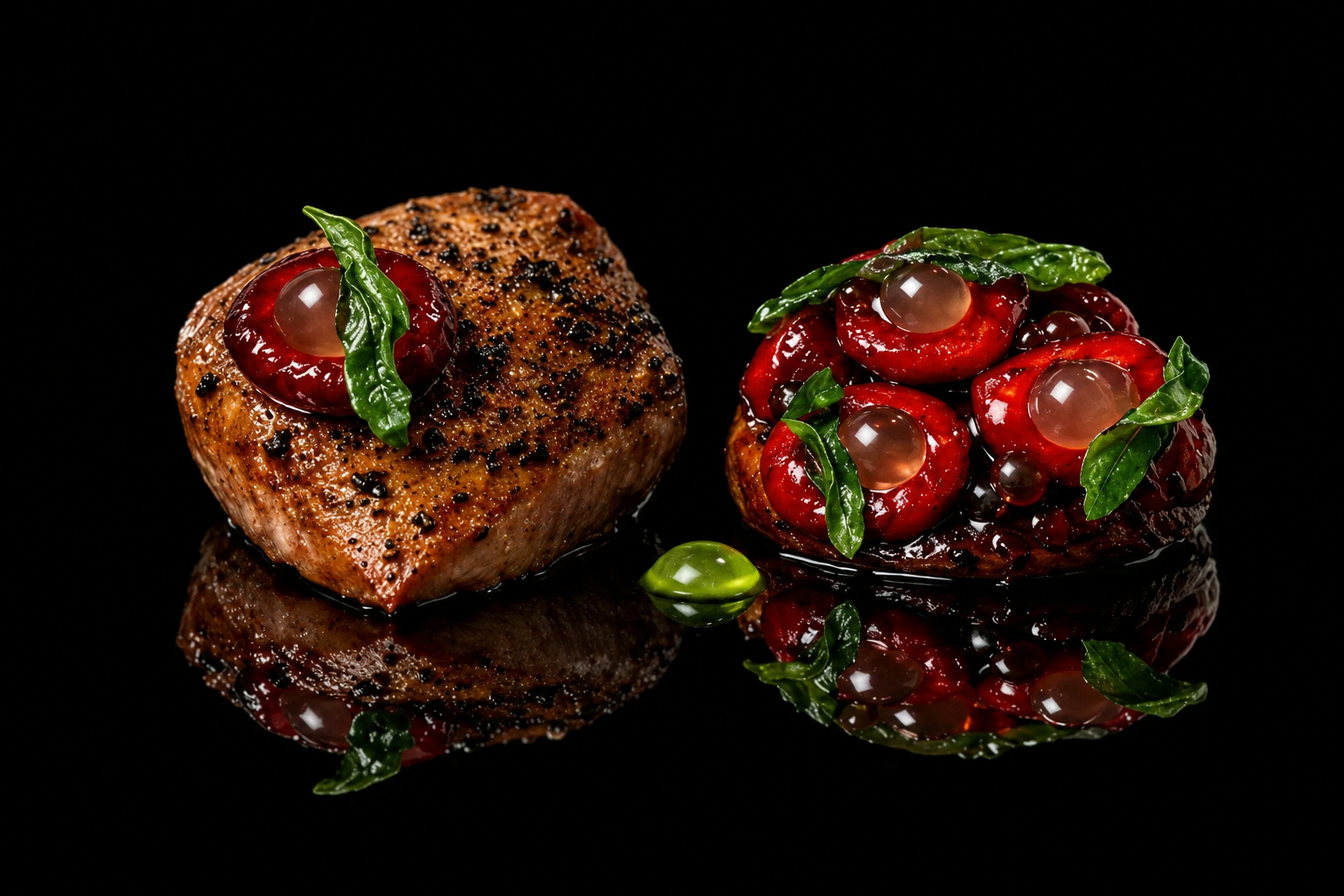 Deux morceaux de viande garnis de sauce, légumes verts et boulettes de gelée en sauce rouge, avec une réflexion sur une surface noire.