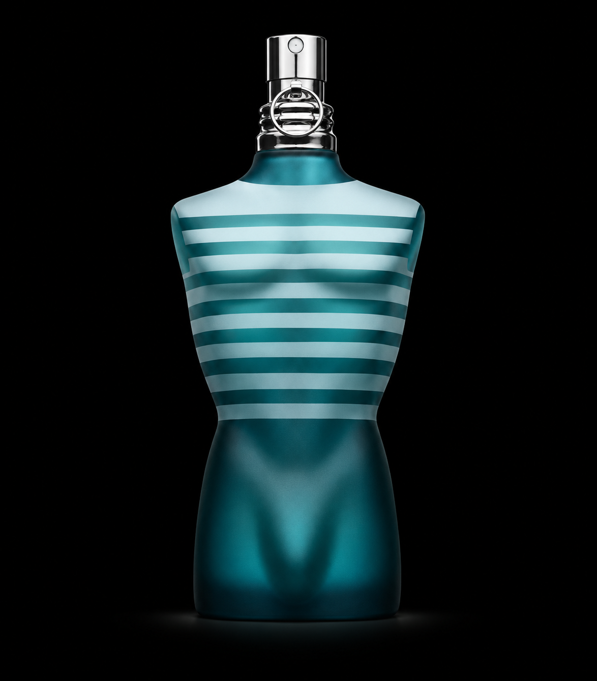 Flacon de parfum en forme de corps humain moulé, avec rayures bleues et blanches, sur fond noir.
