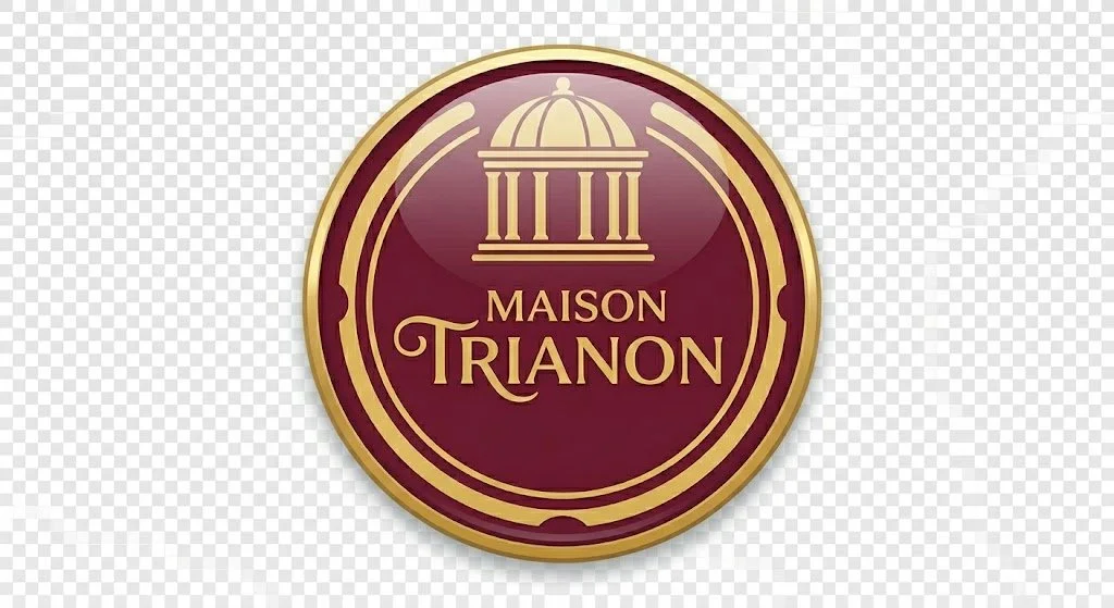 Logo rond avec un fond bordeaux, un bâtiment avec une coupole en haut, et le texte 'MAISON Trianon' en lettres dorées.
