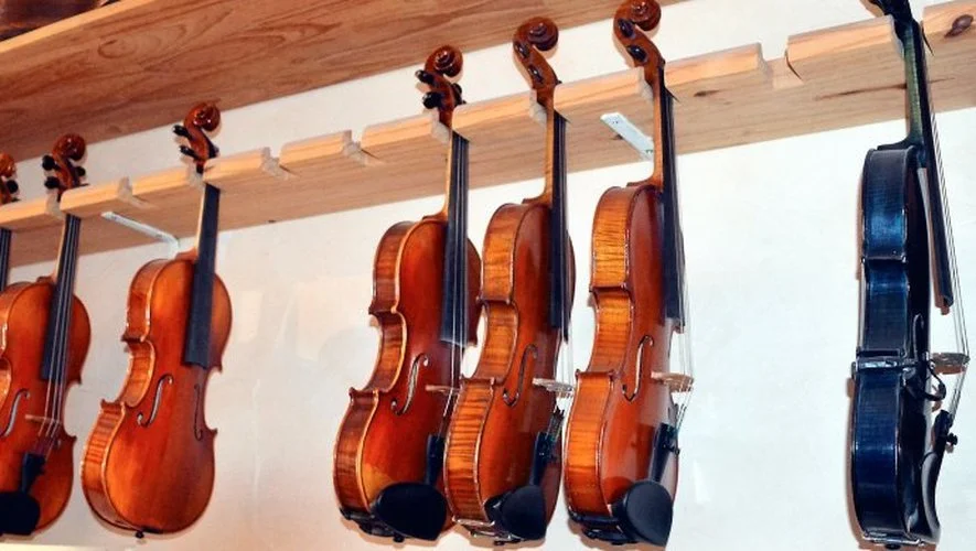 Plusieurs violons suspendus sur un support en bois dans une salle de musique.