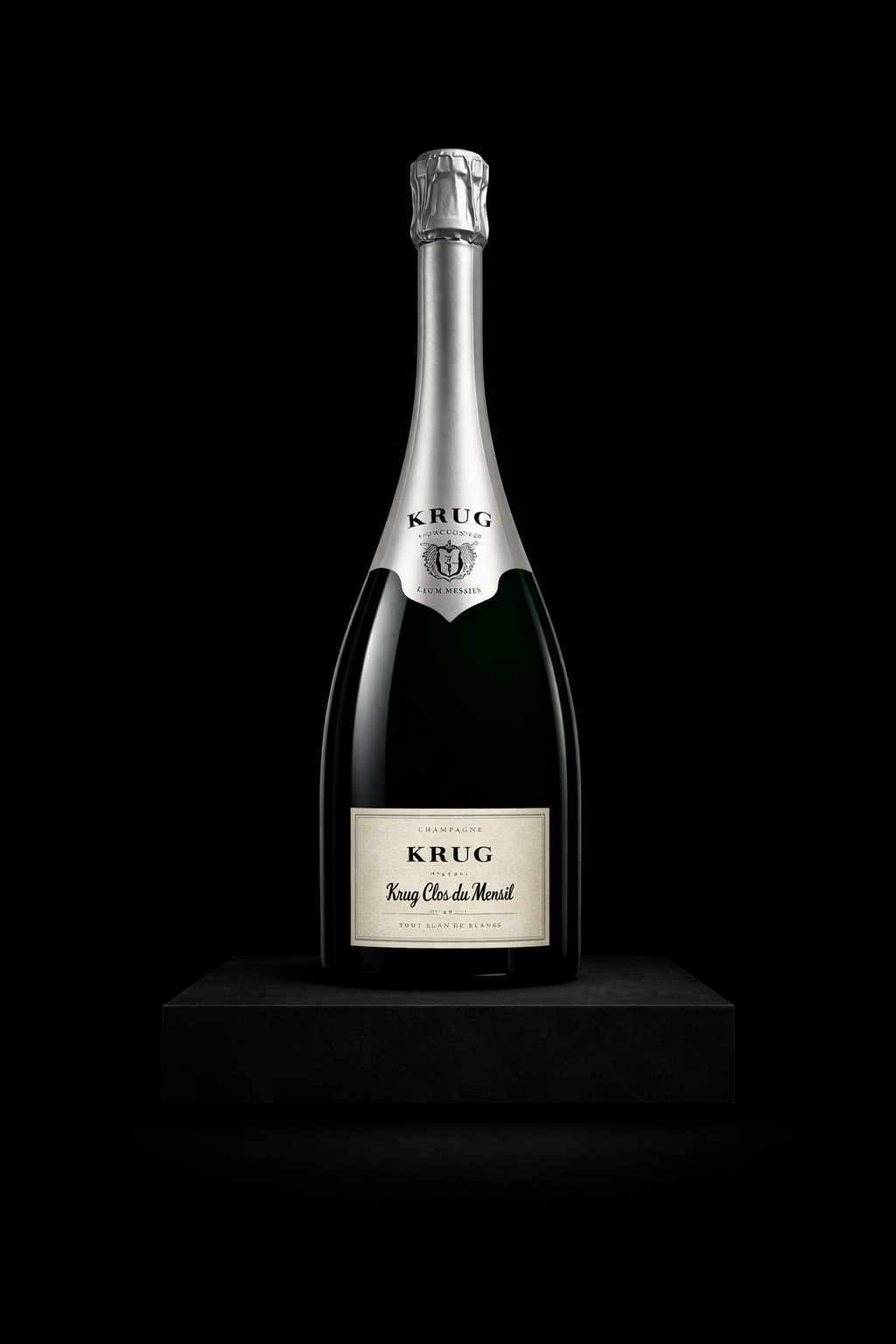 Une bouteille de champagne Krug, modèle Krug Clos du Mesnil, sur un fond noir.