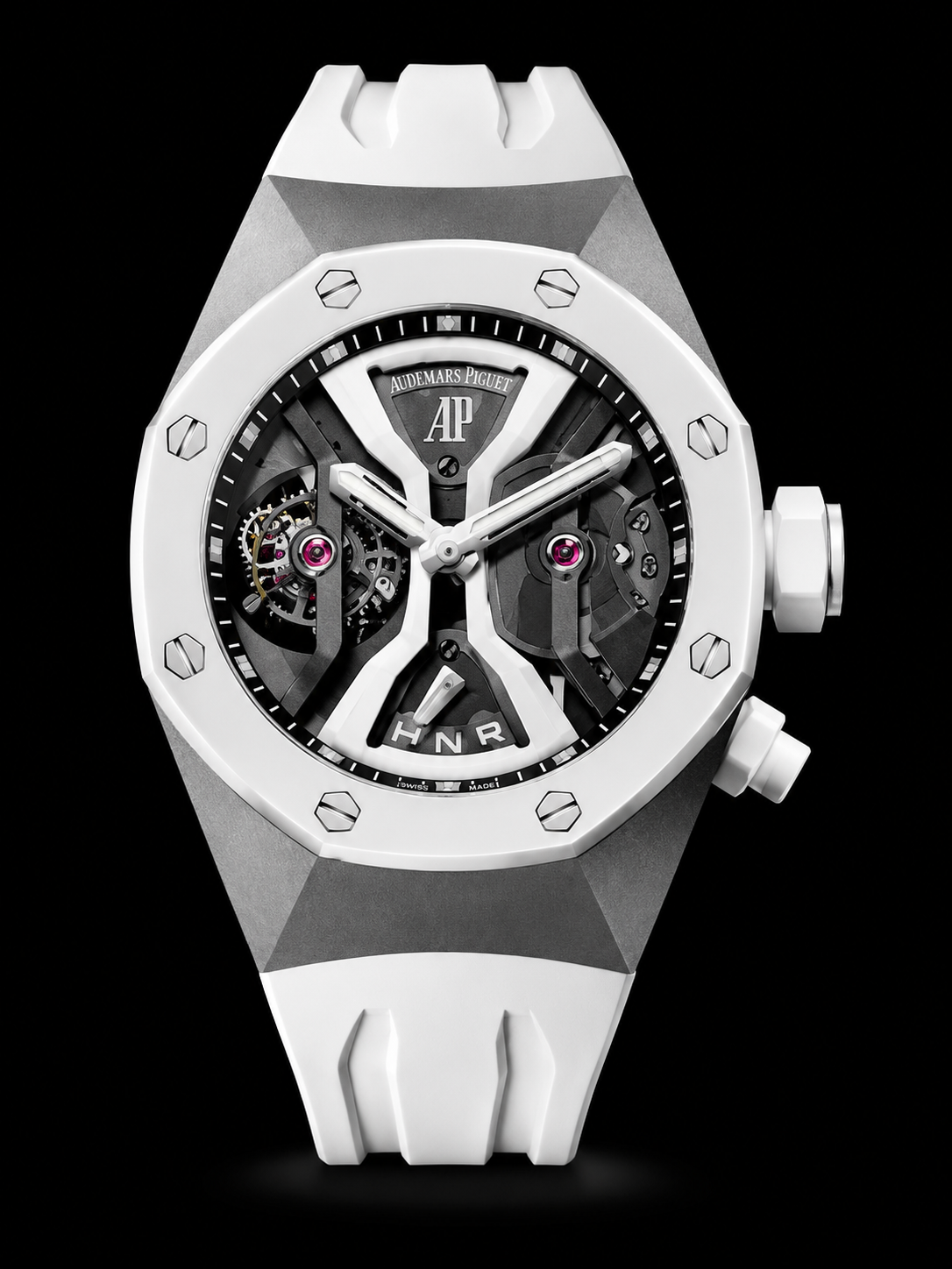 Montre de luxe avec cadran squelette, chiffres HNR en bas, boutons latéraux, marque Audemars Piguet.