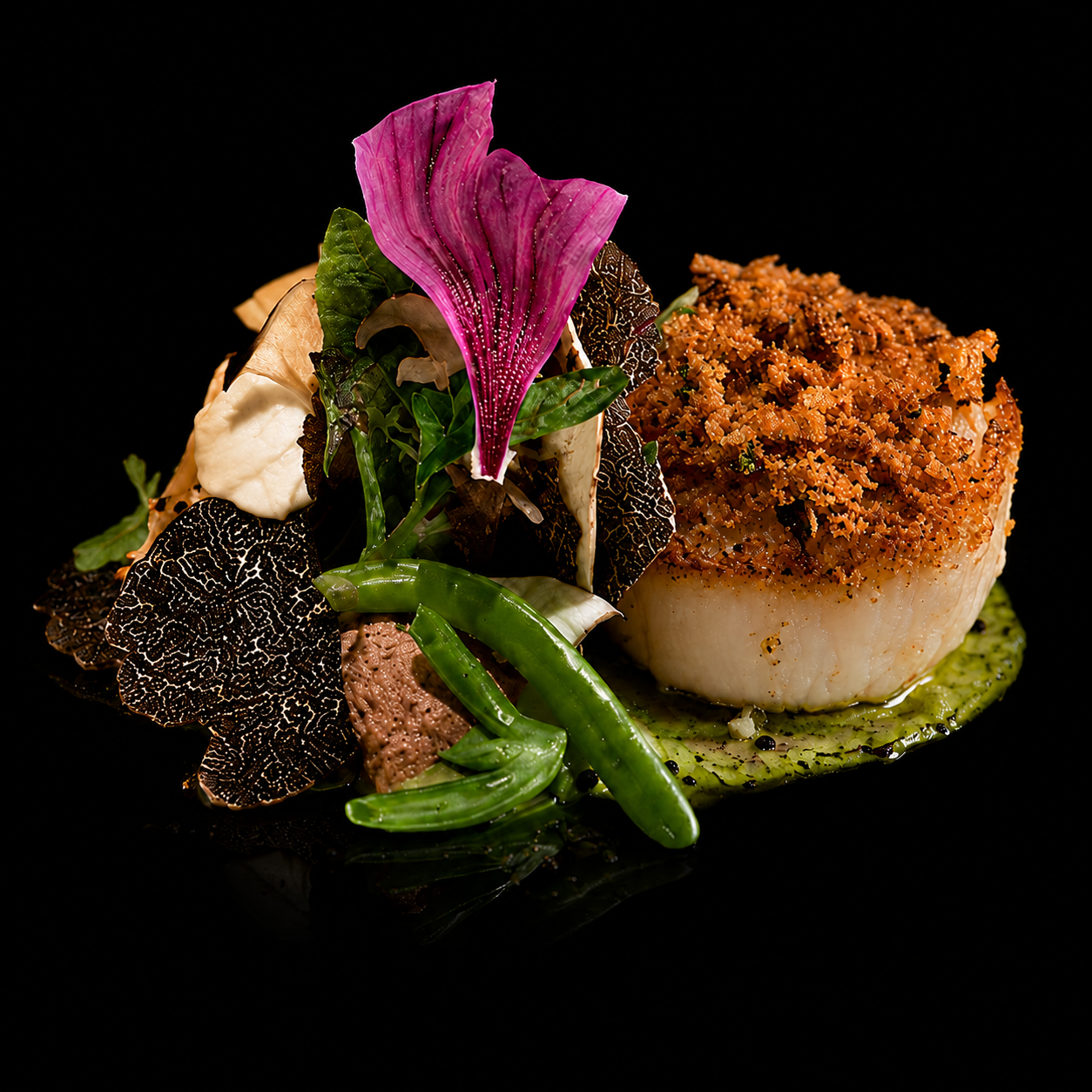 Assiette gastronomique avec un rond de poisson cuit, en garniture un crumble croustillant, légumes verts et fleurs comestibles, présentation élégante sur un fond noir.