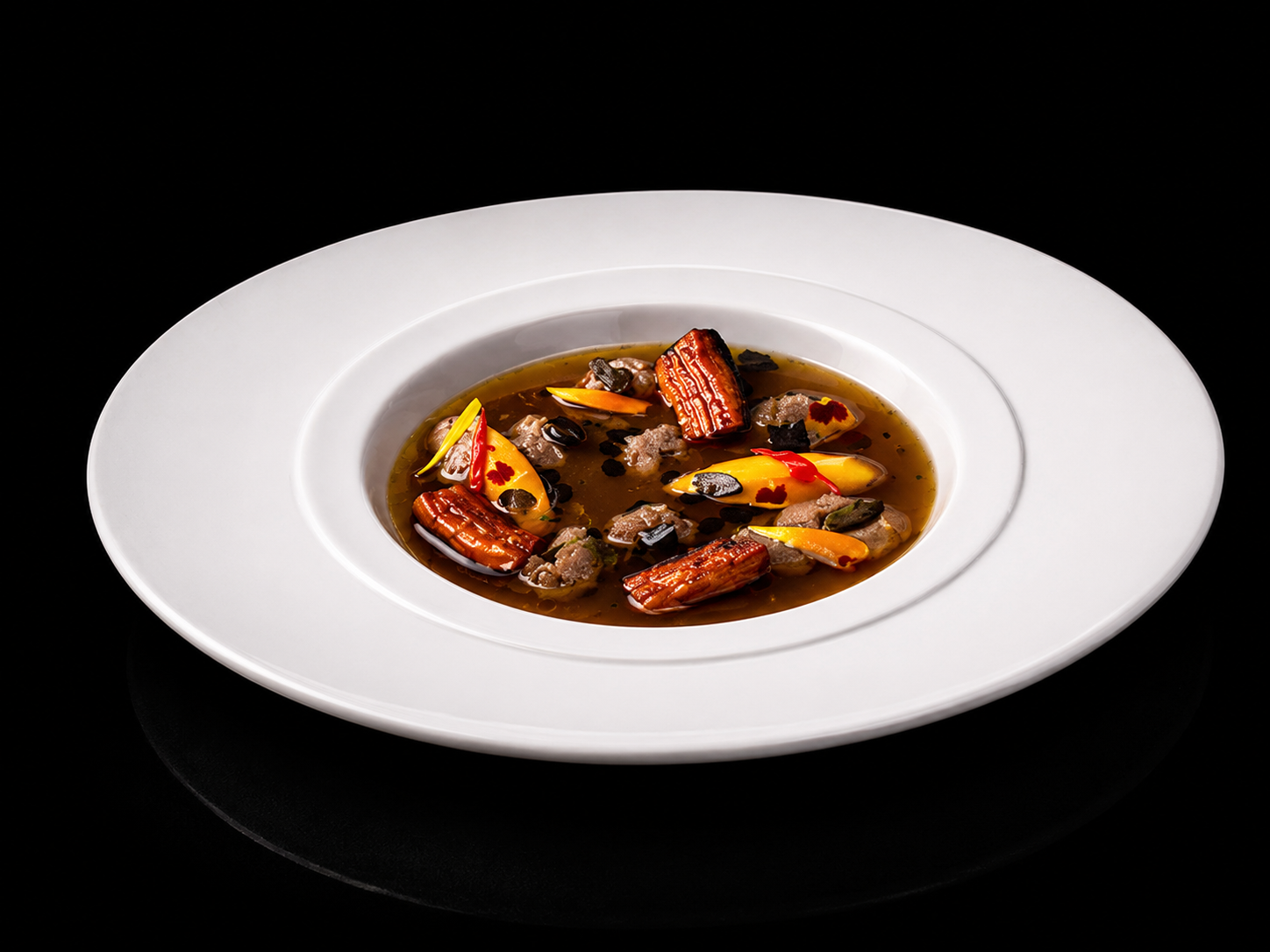 Plat avec sauce brune, morceaux de viande, noix de pécan, fleurs comestibles, et graines de courge sur un fond noir.
