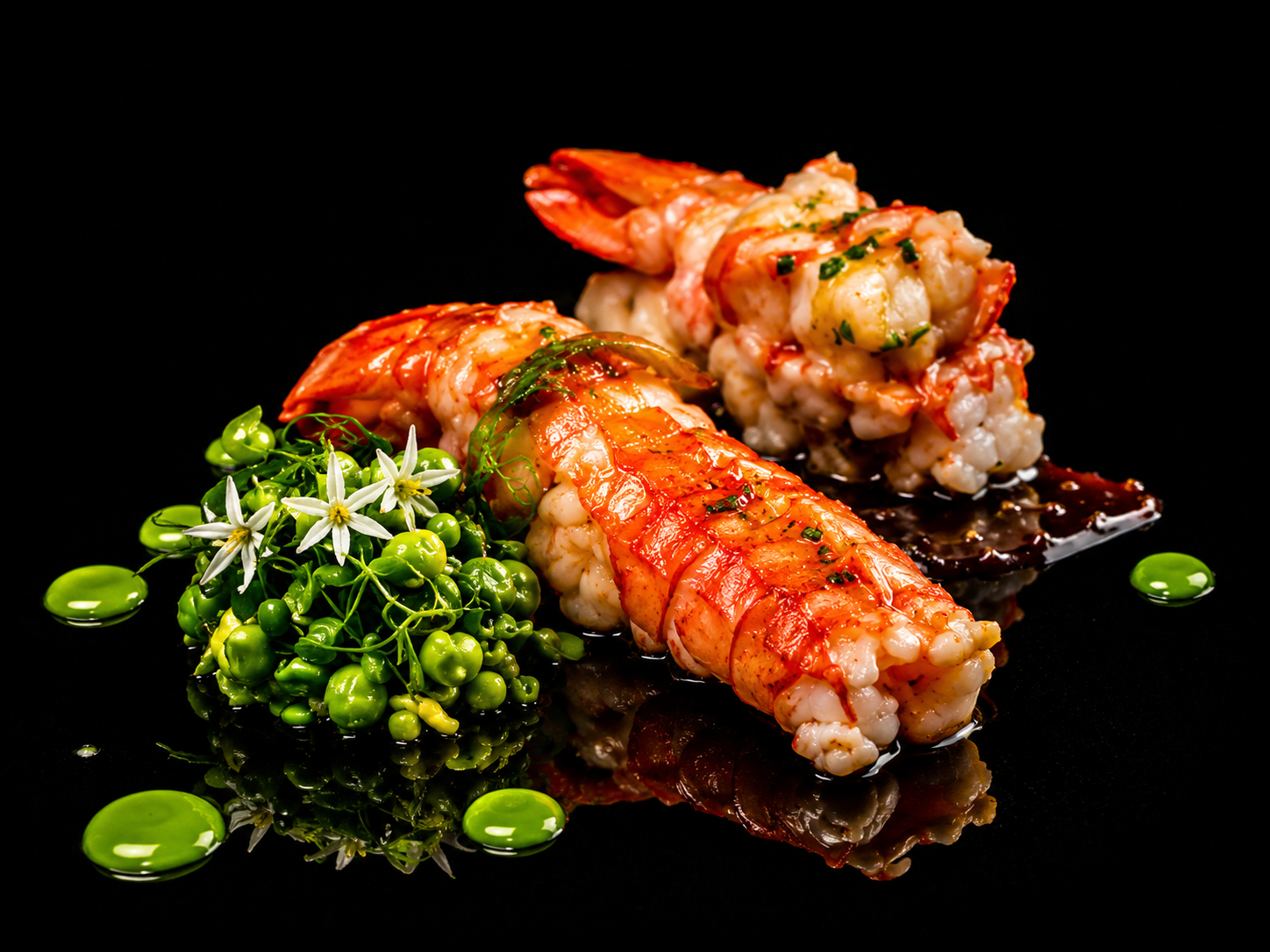 Gamberi di lusso con salsa verde e fiori bianchi su una superficie nera