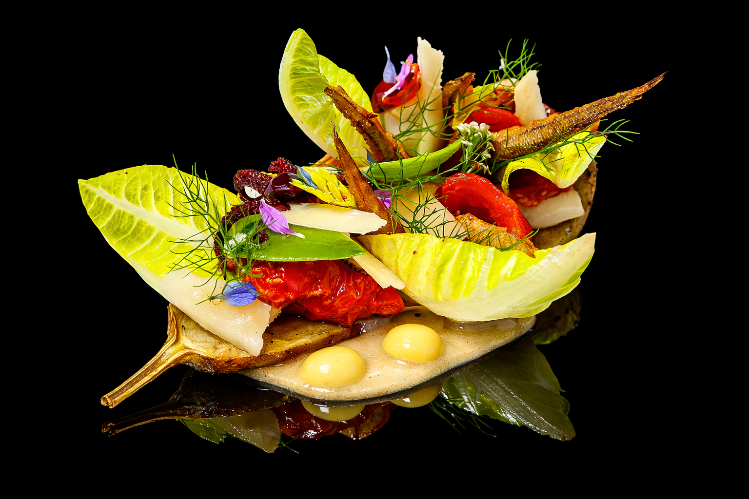 Assiette de cuisine végétarienne avec légumes, herbes, fleurs comestibles, et éléments créatifs, présenté sur une surface noire.
