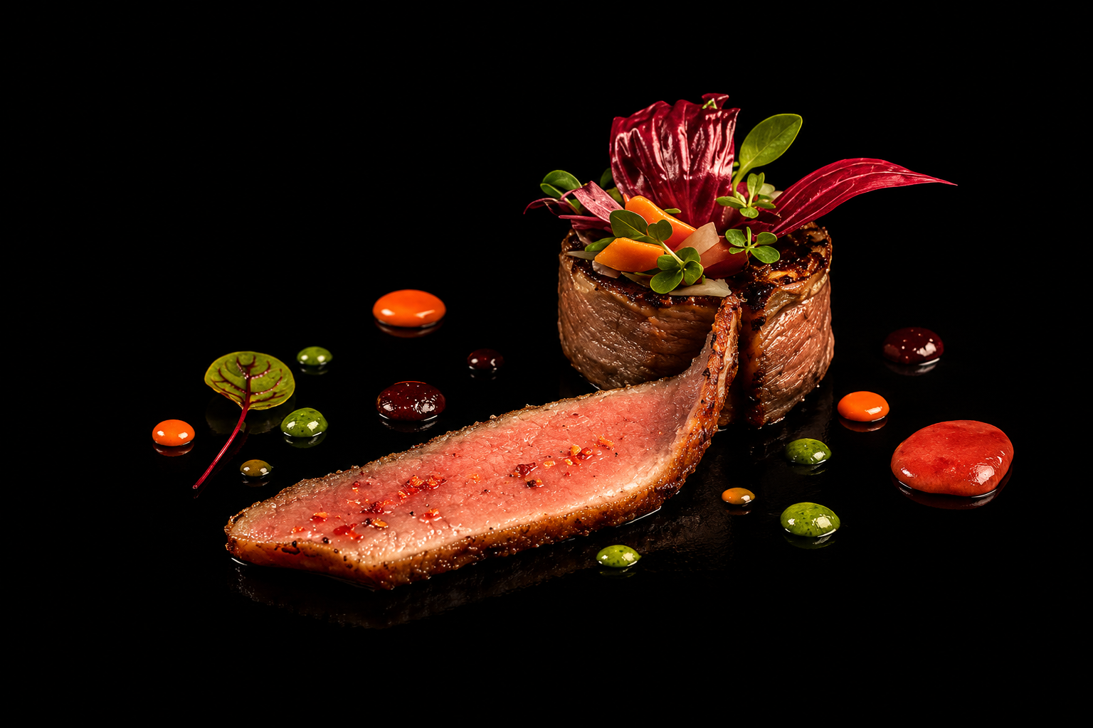 Rôti de bœuf finement tranché avec garniture végétale colorée, présenté sur une surface noire avec des gouttelettes de sauce ou de réduction décoratives.