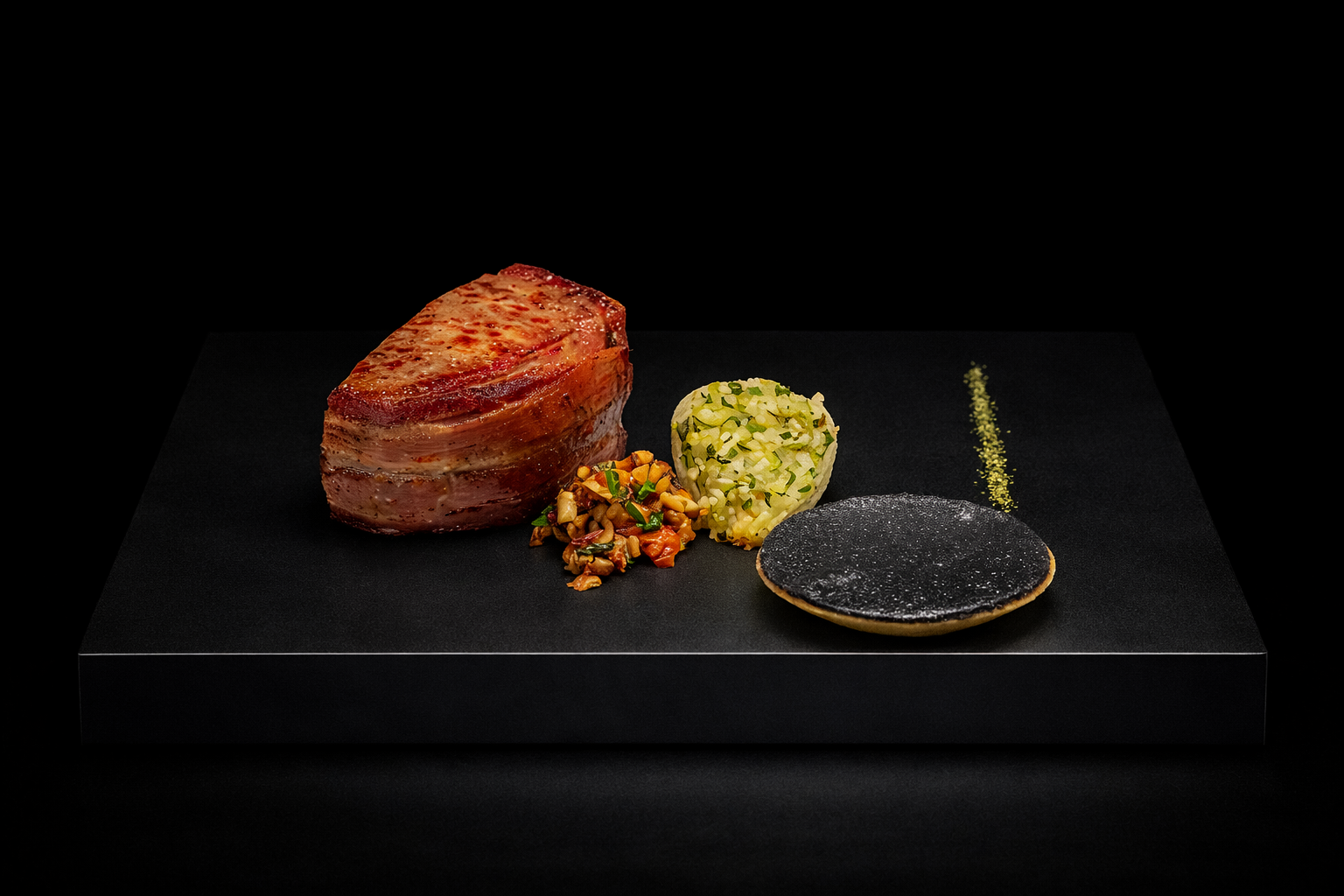 Assiette de viande en croûte servie avec un accompagnement de légumes et une pâtisserie décorative.
