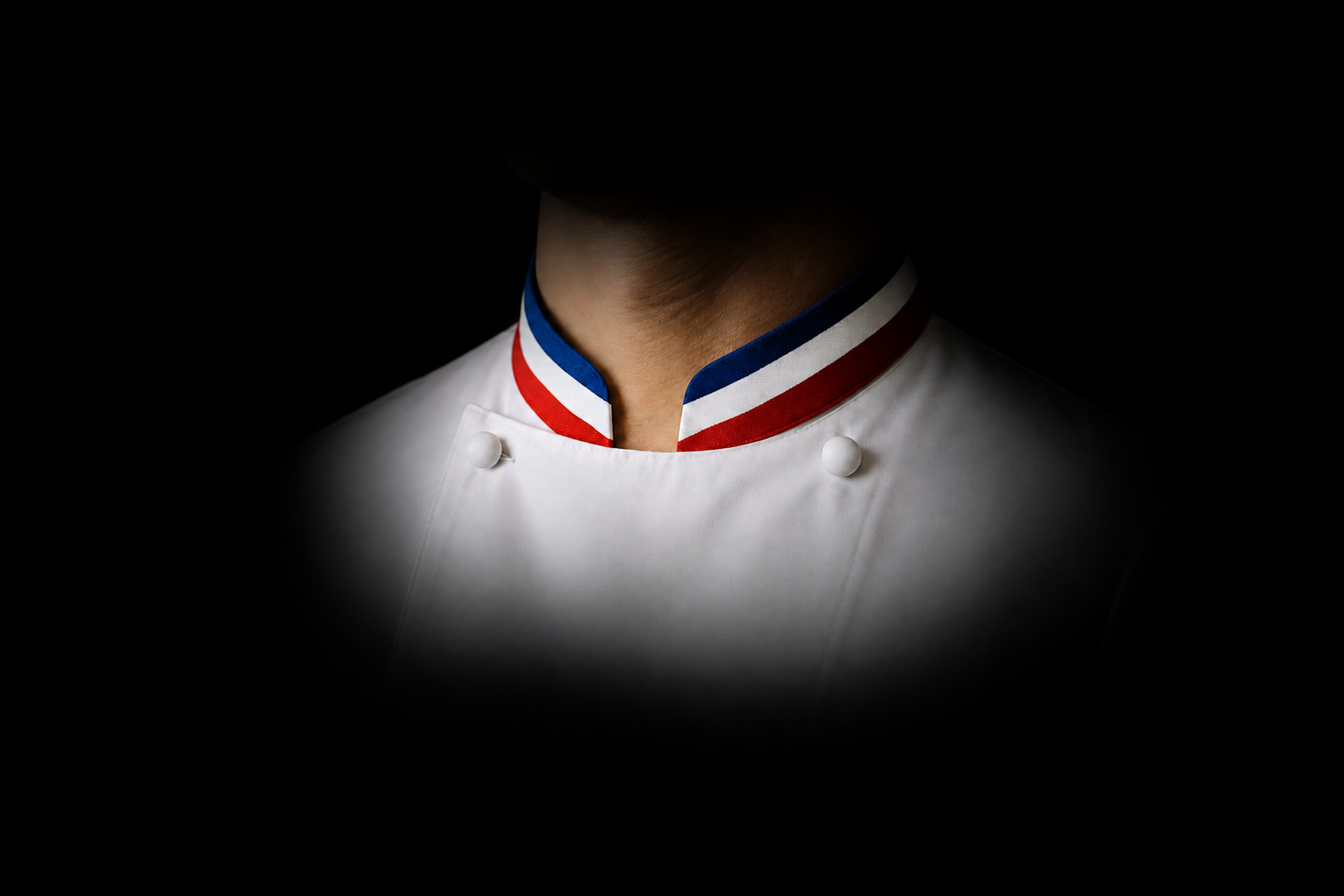 Veste de chef blanc avec col orné de rayures rouges, blanches et bleues. Image sombre avec mise en valeur sur le col.