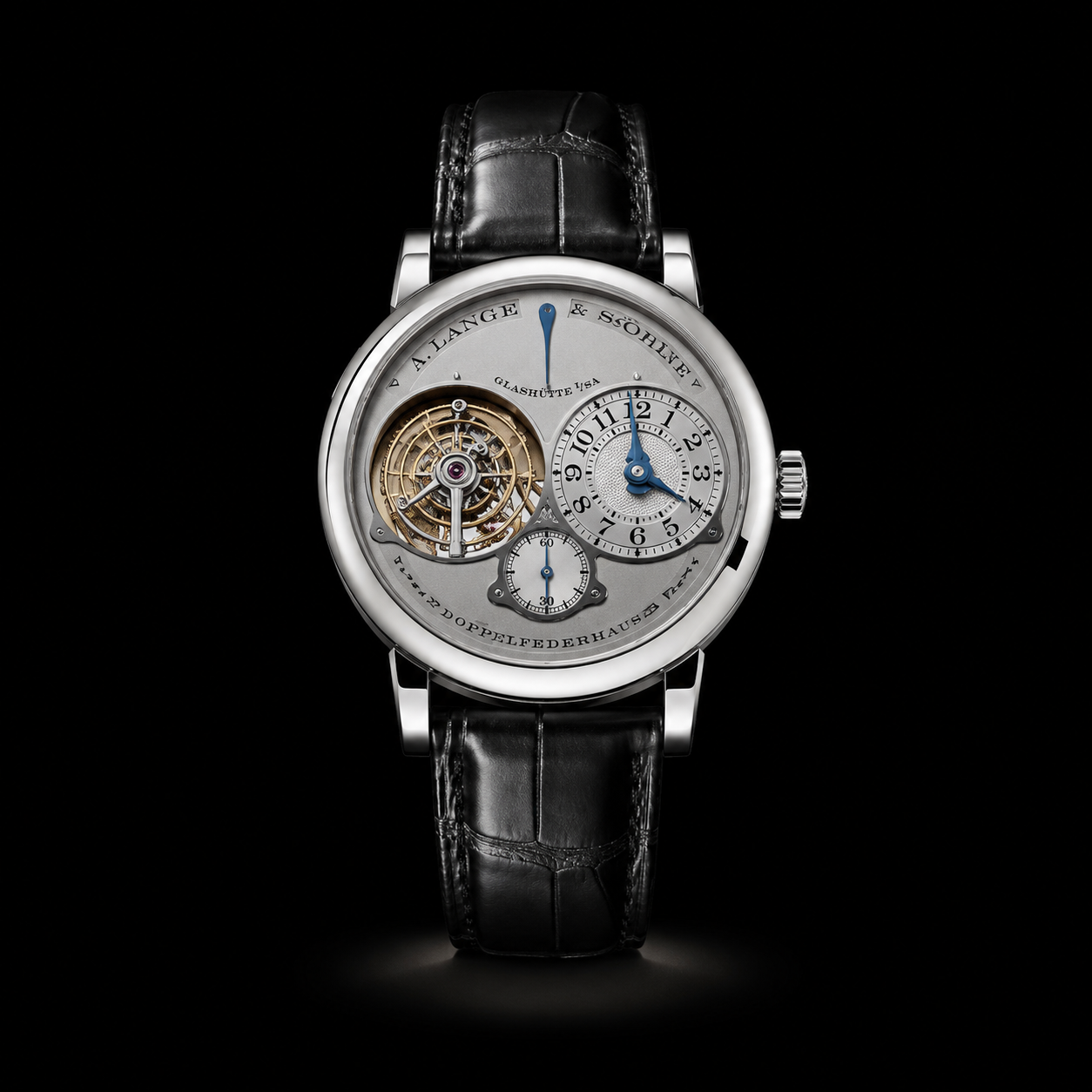 Montre de luxe avec cadran complexe, mécanisme apparent, chiffres romains et aiguilles bleues, bracelet en cuir noir, fond noir