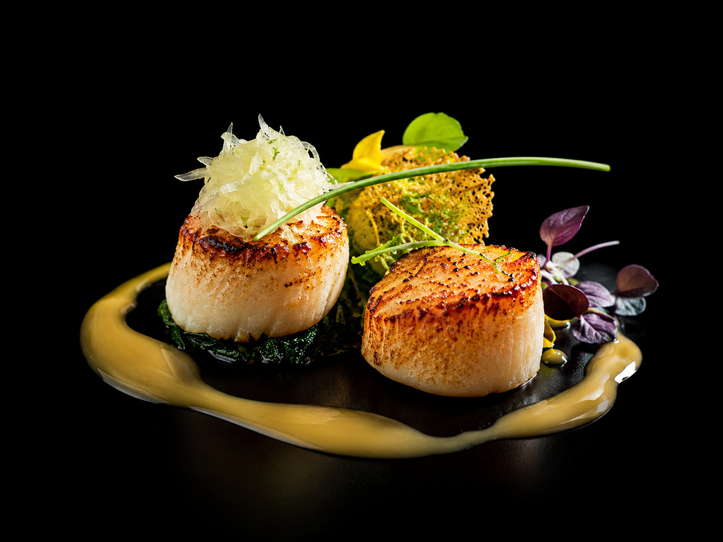 Poêlée de coquilles Saint-Jacques garnie de légumes et sauces, présentée sur fond noir