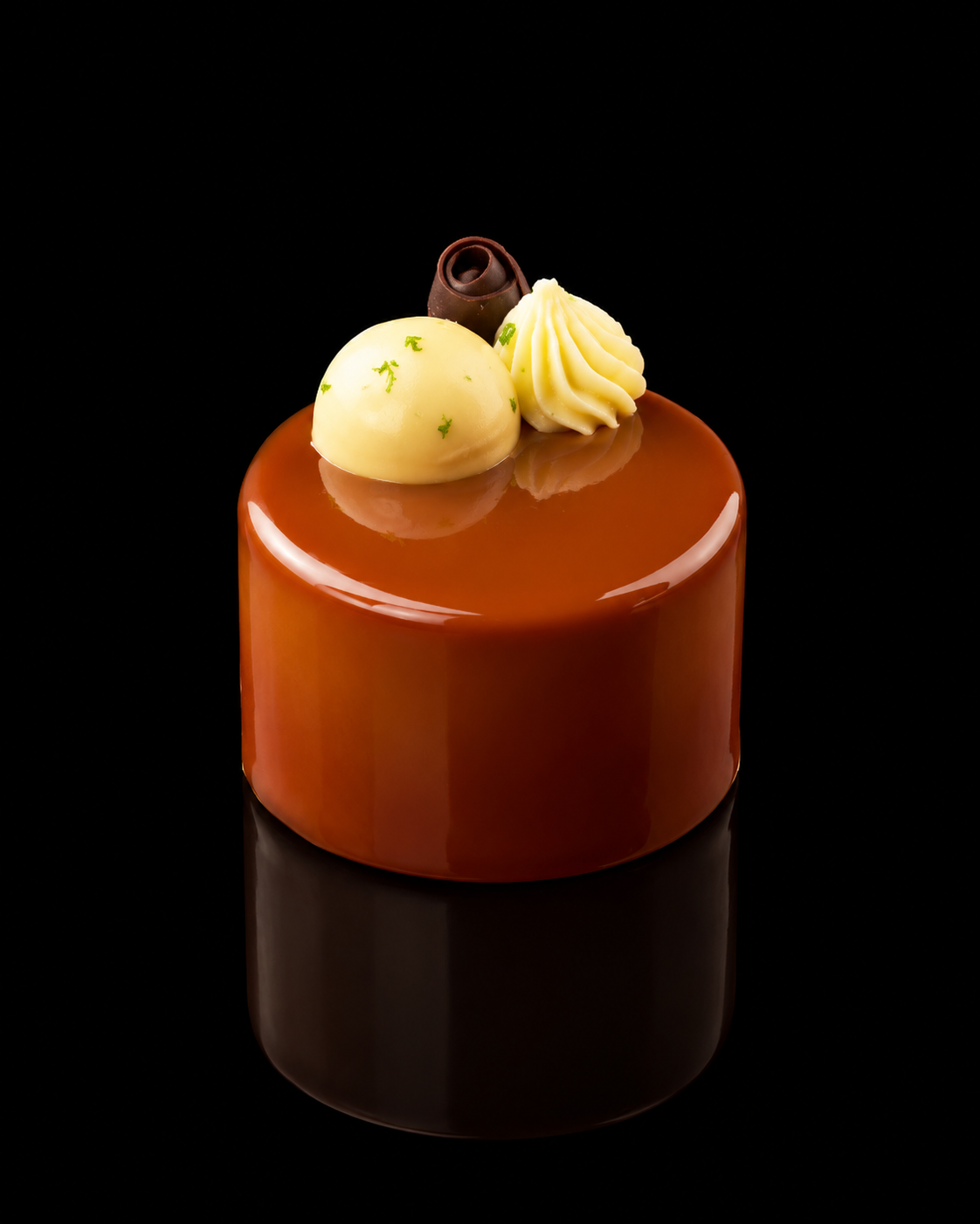 Gâteau au chocolat glacé avec décorations de chocolat blanc, crème fouettée et feuille de menthe, sur fond noir.