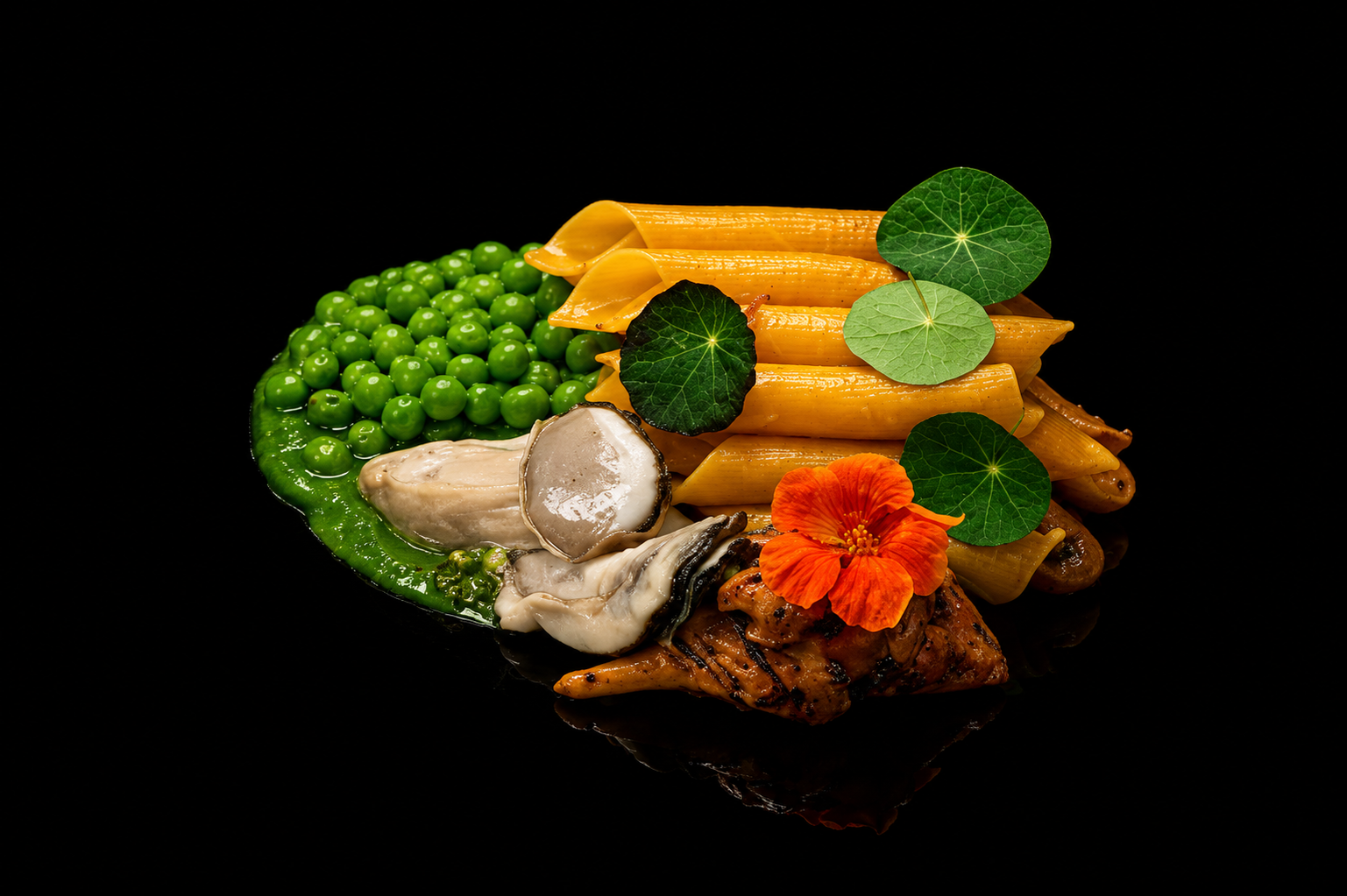 Assiette de pâtes avec des feuilles vertes, huîtres, sauce verte, fleur orange, et un morceau de viande sur fond noir.