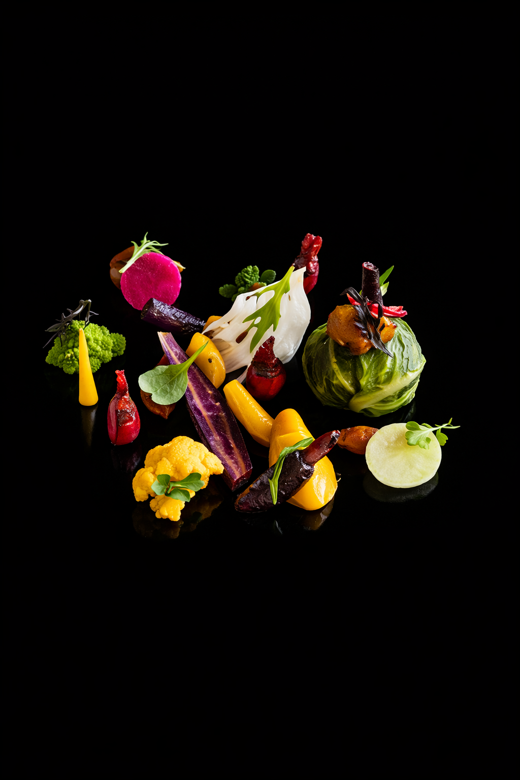 assiette de légumes colorés et artistiquement présentés, avec différents types de chou, radis, et garnitures végétales