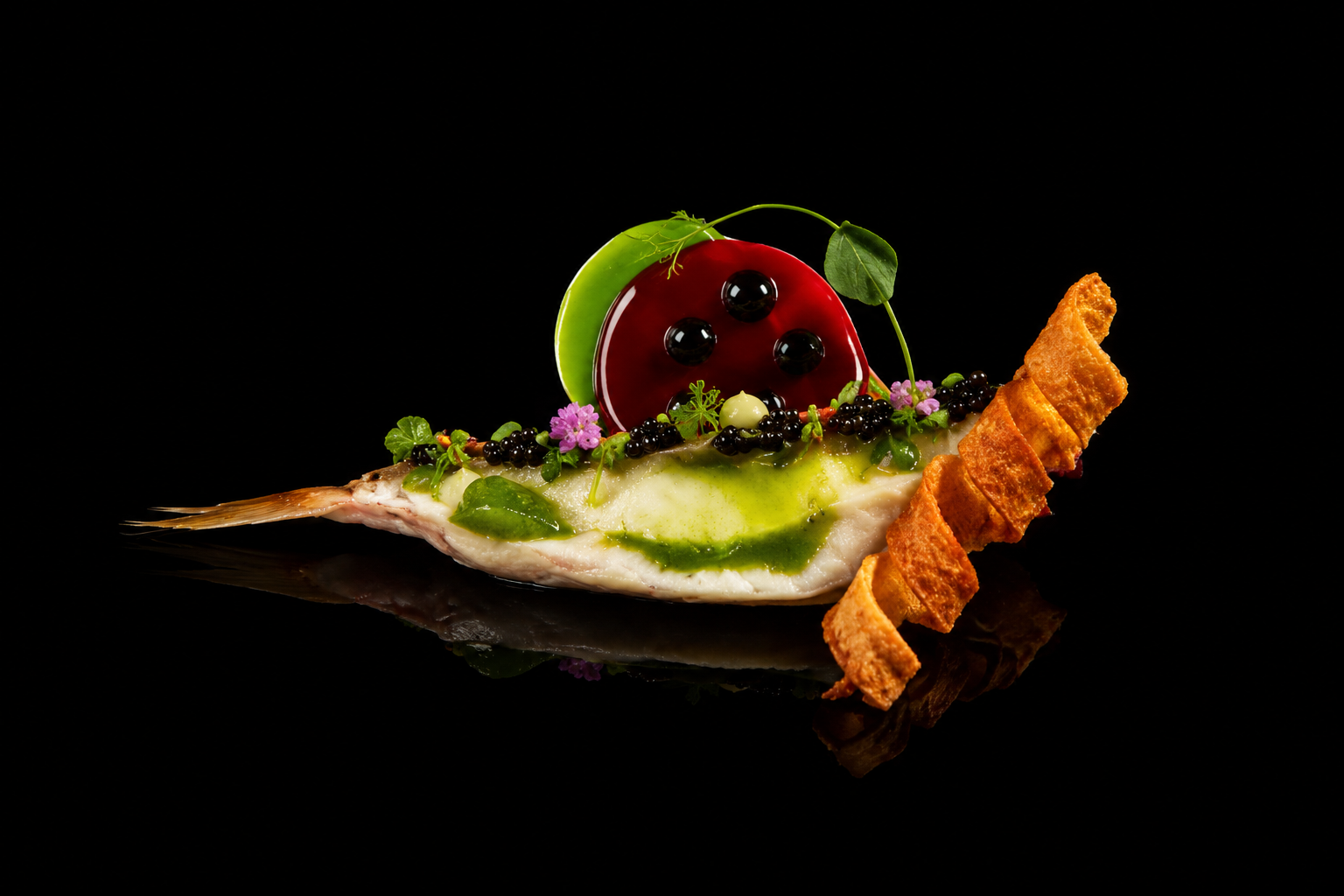 Poisson présenté avec des garnitures de sauce verte, de petites fleurs violettes, des gouttes de sauce noire, des feuilles vertes, une tranche de citron vert et un biscuit croustillant.