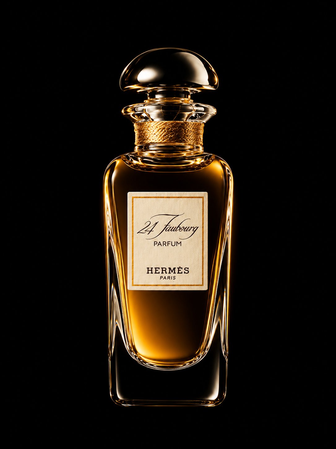 Bouteille de parfum Hermès 24 Faubourg avec un design élégant en verre transparent, fond noir, étiquette beige et bouchon en verre capitonné