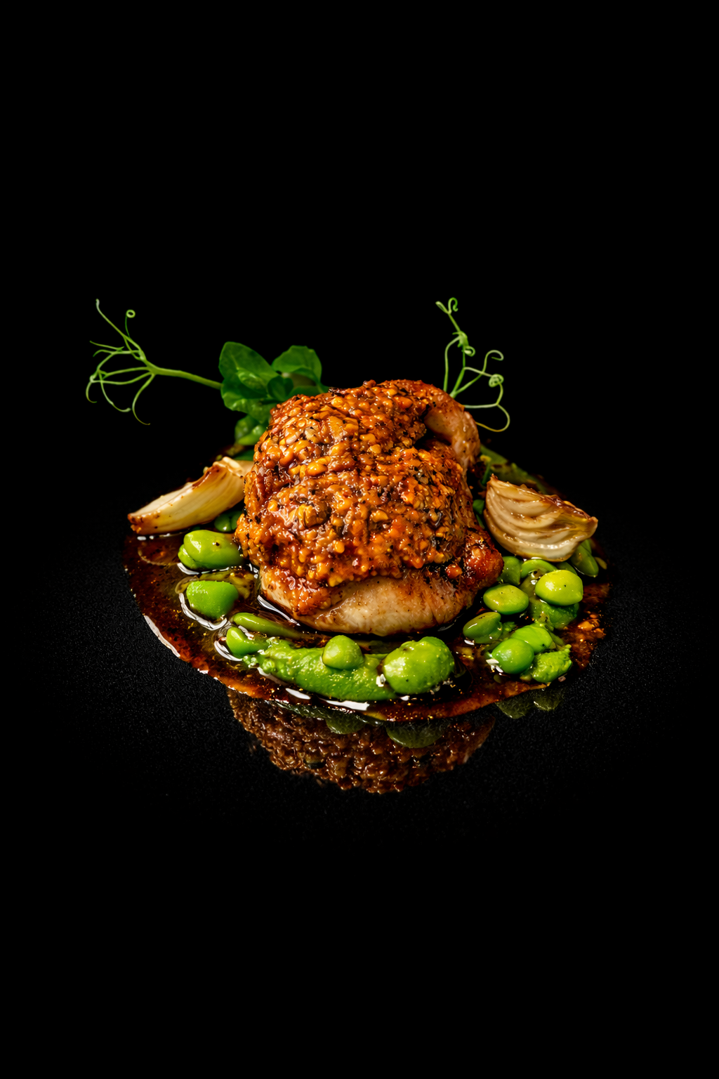 Poulet cuit avec sauce aux noix, entouré de fèves, artichauts, feuilles de basilic et microgreens.