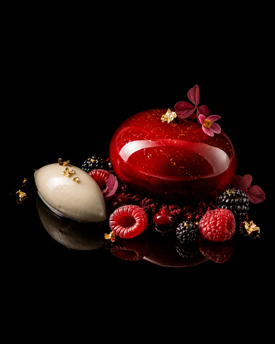 Un dessert élégant avec une sphère en gelée rouge brillante, accompagnée de crème blanche, de framboises, mûres, et décoré de fleurs et de feuilles, sur fond noir.