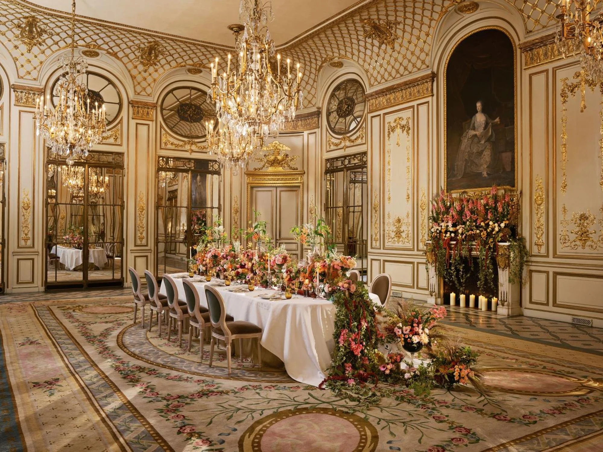 Une salle de banquet élégante avec des chandeliers en cristal, un long table décorée de fleurs, et un décor orné baroque, dans un style royal ou aristocratique.
