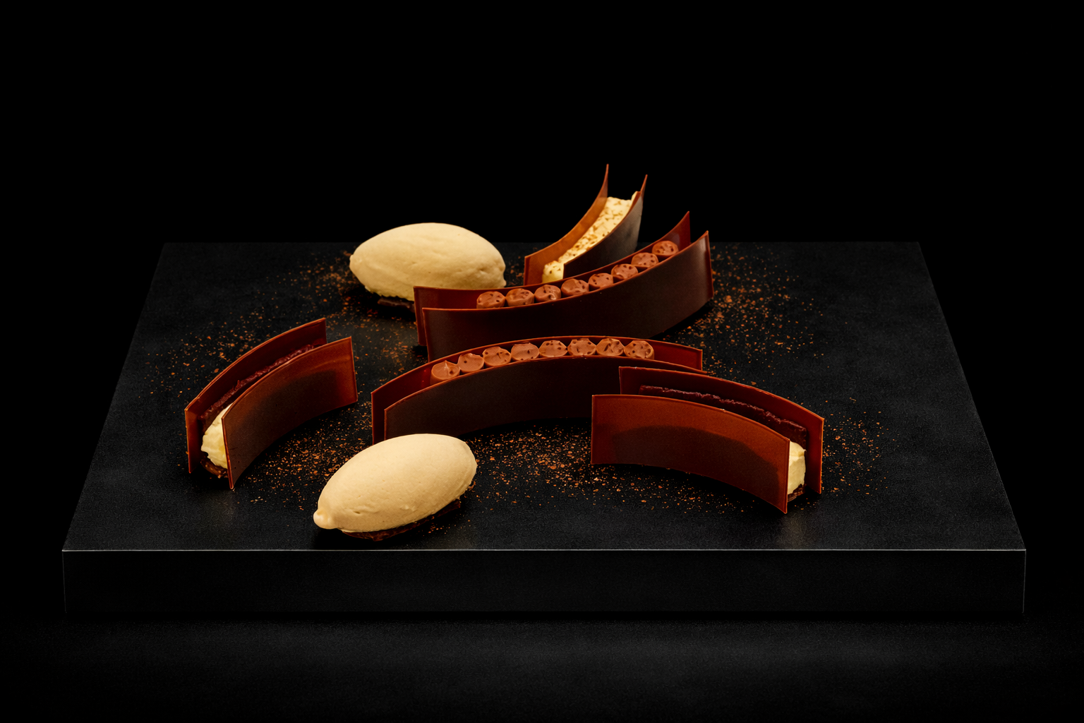 Feuilles de chocolat décoratives avec des truffes en chocolat et deux quenelles de crème ou de mousse sur un fond noir.