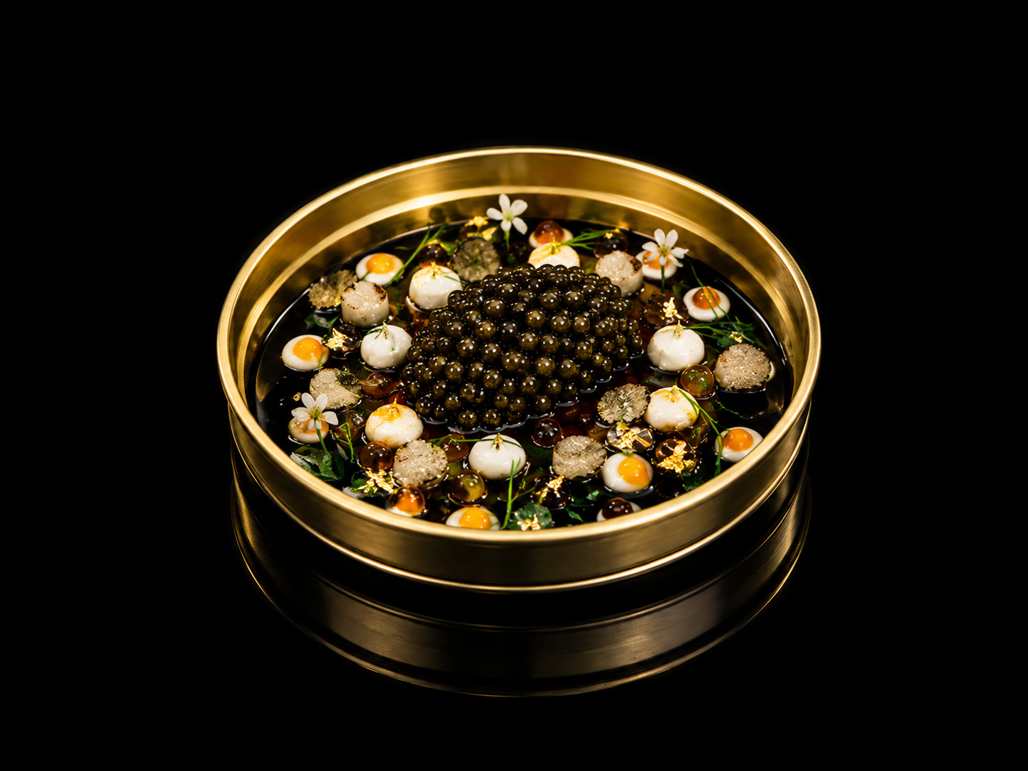 Une boîte ronde en métal doré contenant un dessert sophistiqué avec des perles noires au centre, accompagné de petites boules de divers parfums, de fleurs blanches, de touches d'or et de diverses garnitures colorées, posé sur une surface noire brillante.
