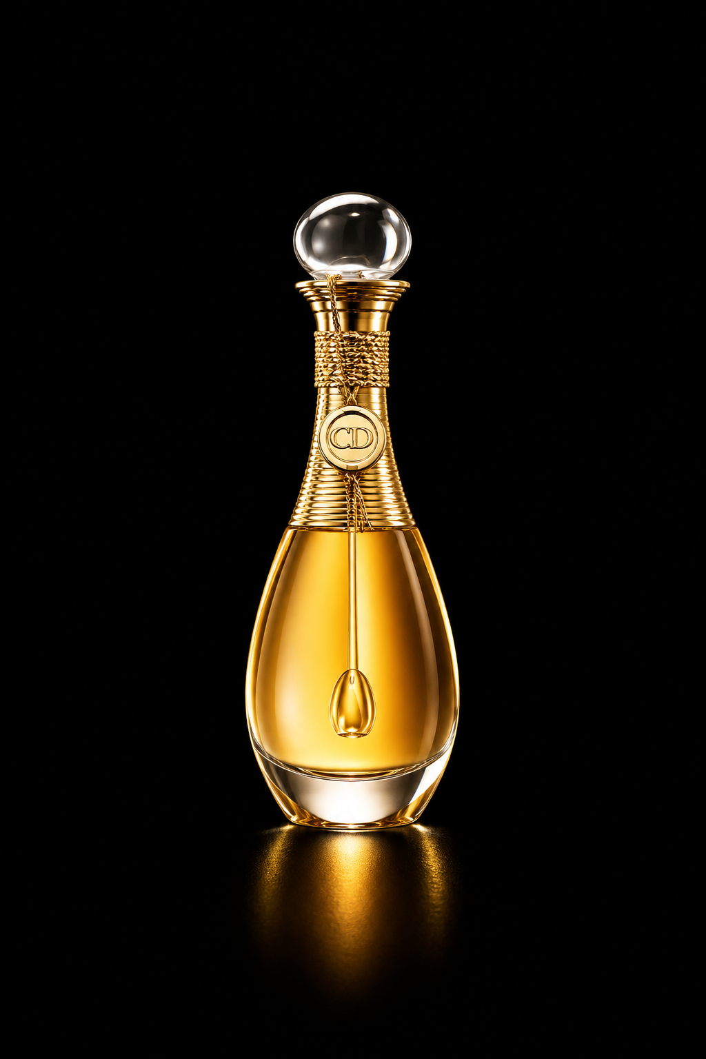 Une bouteille de parfum ornementale avec un capuchon en forme de boule, sur fond noir.