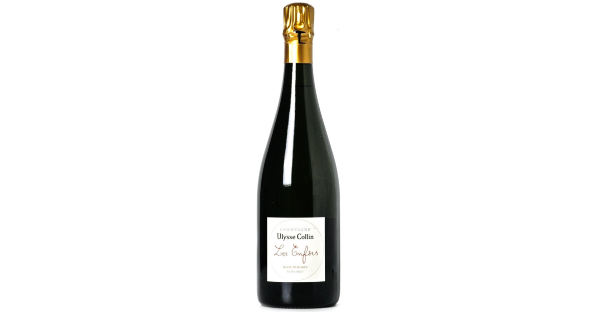 Bouteille de champagne Ulysse Collin "Les Enfants" avec capsule dorée, sur fond blanc.