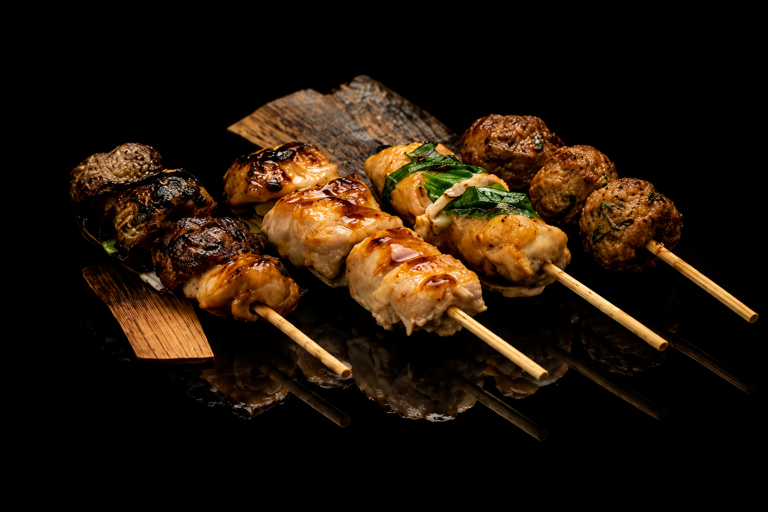 Brochettes de viande et de poulet sur un plateau en bois, présenté sur un fond noir.