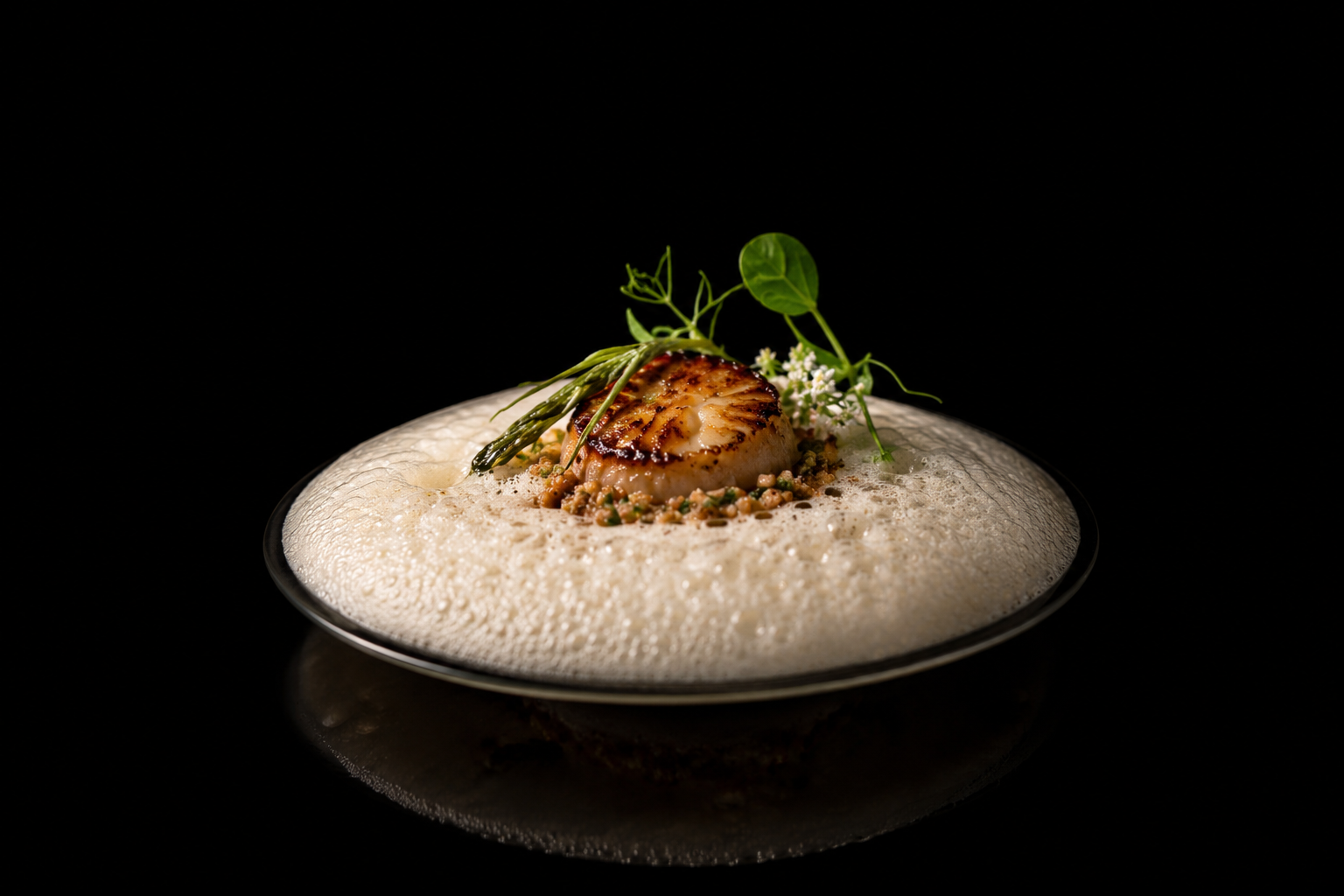 Coquille Saint-Jacques poêlée garnie de petits légumes, accompagnée de mousse onctueuse, décorée de fleurs comestibles et de feuilles vertes, présenté dans une assiette noire.