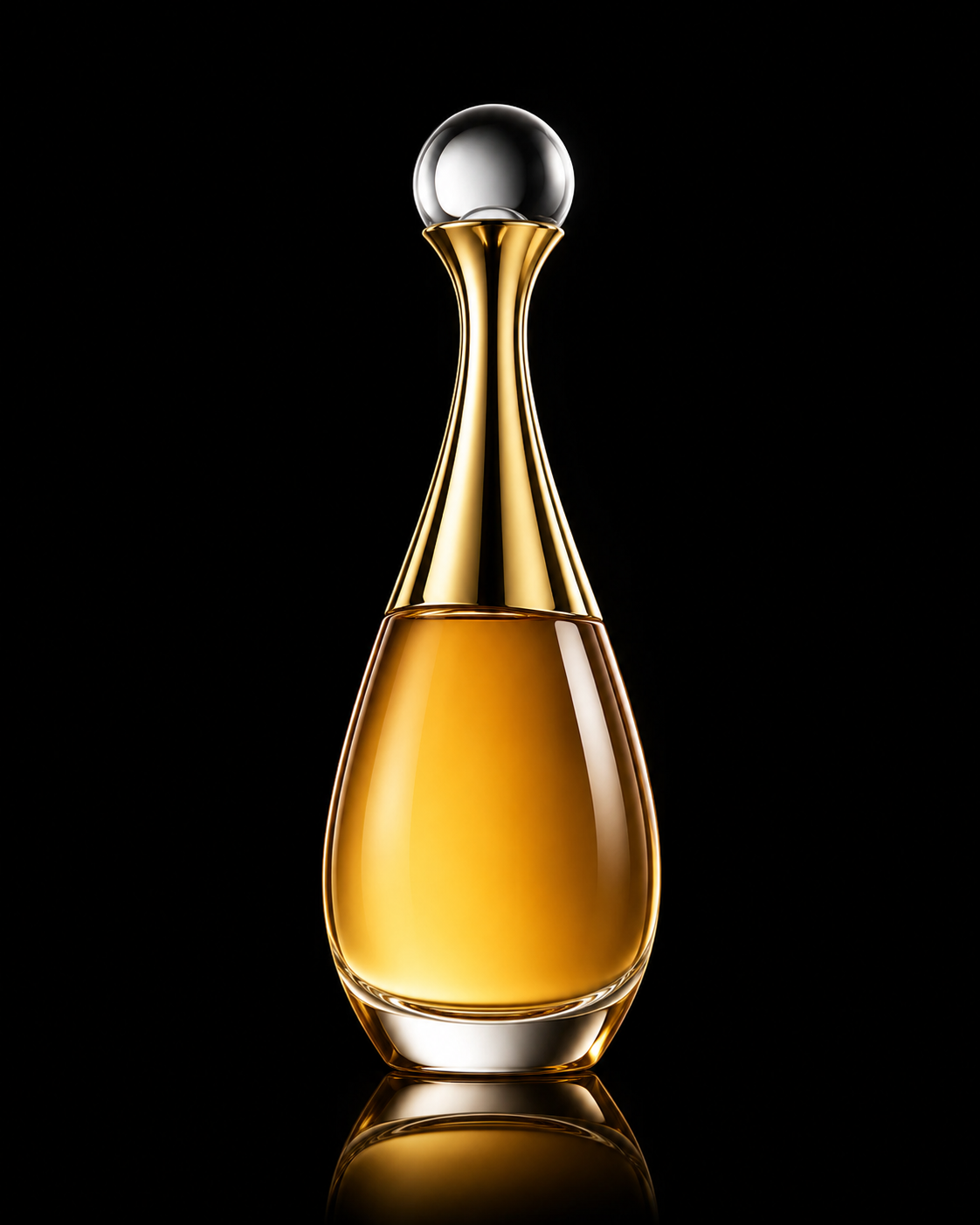 Flacon de parfum doré avec bouchon en cristal, posé sur une surface réfléchissante, fond noir
