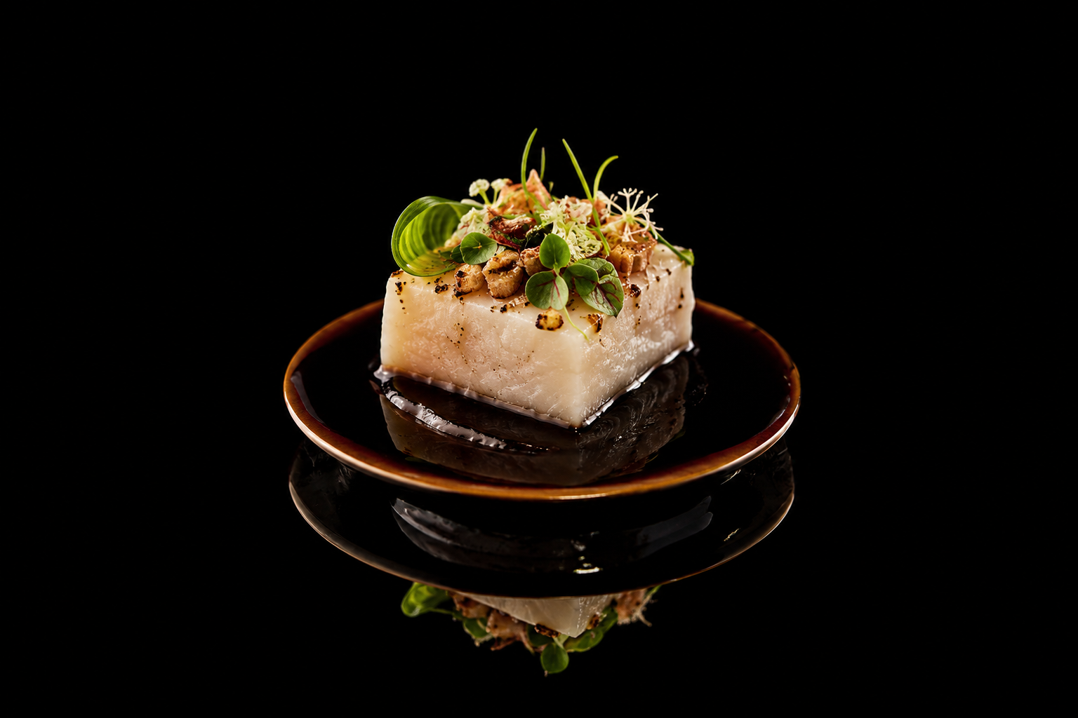 Gâteau de fromage avec des garnitures de microgreens, noix et herbes, servi sur une petite assiette sur fond noir