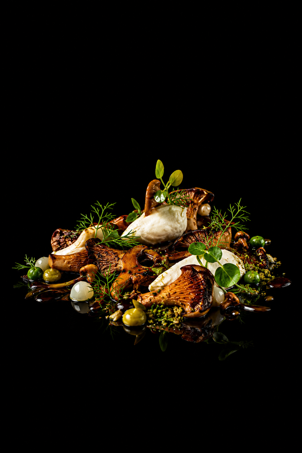 Assiette de champignons sauvages, herbes fraîches, et sauce sombre, présentation gastronomique sur fond noir