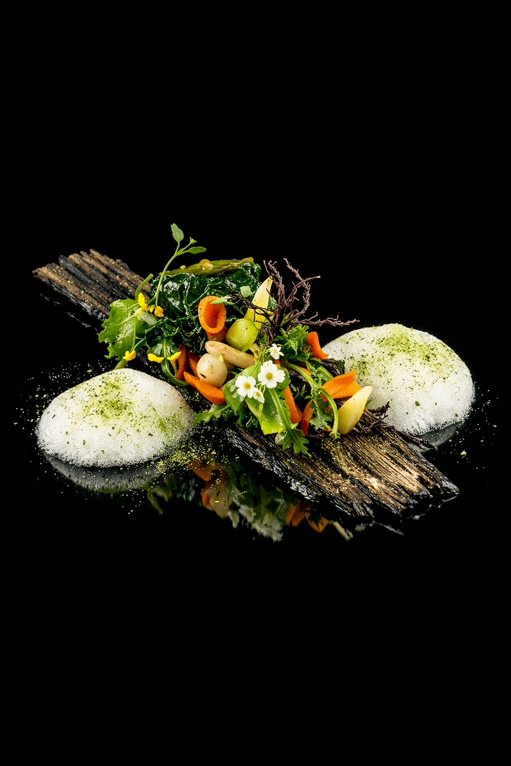 Assiette de gastronomie avec légumes colorés, herbes, et éléments de présentation innovants sur fond noir.