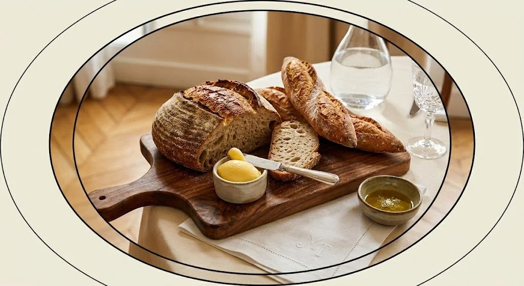 Plate de pains variés, beurre, et confiture sur une planche en bois, avec un verre d'eau et un verre à vin sur une table.