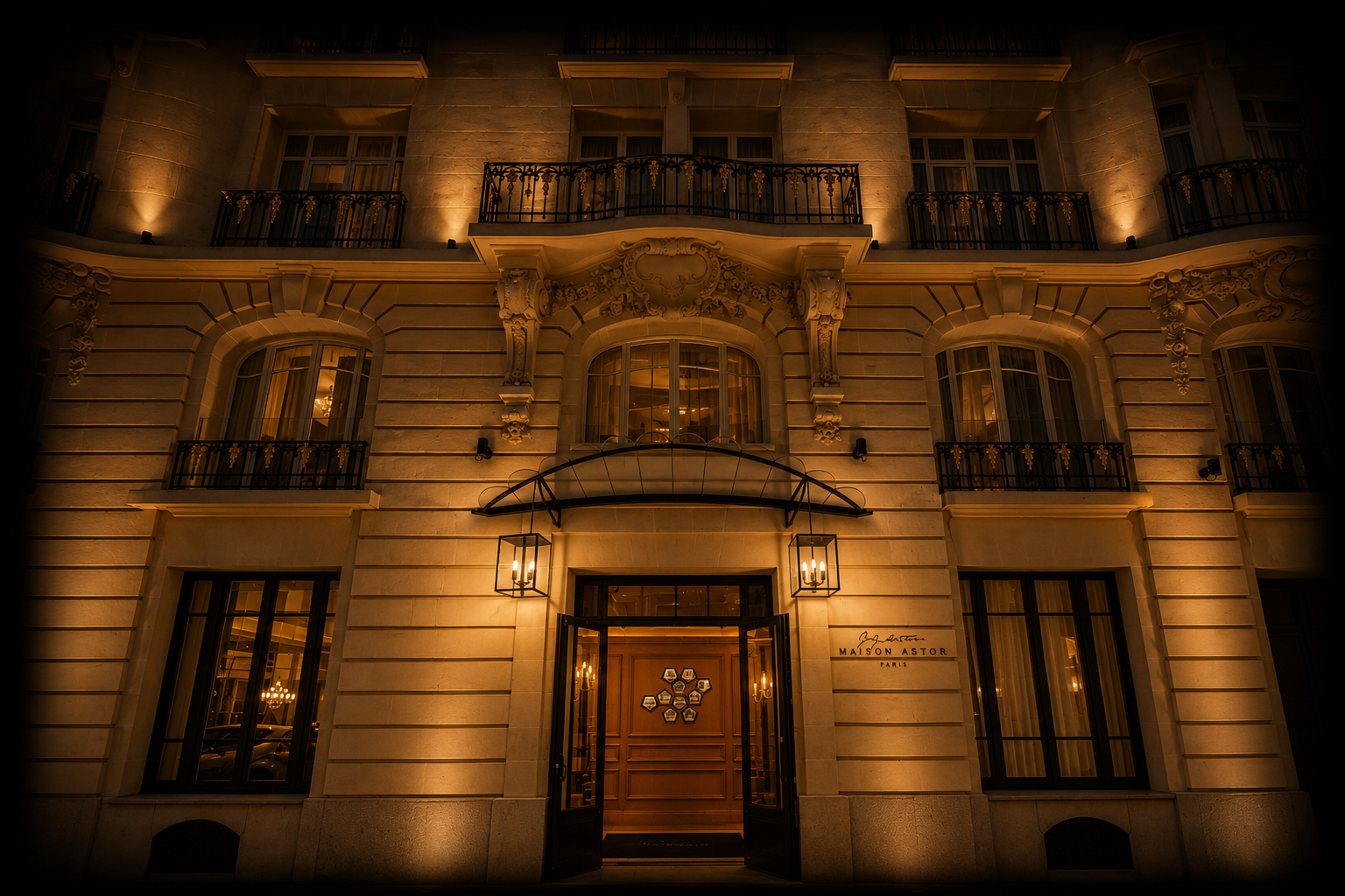 Facade élégante d'un hôtel, Maison Astor, Paris, illuminée la nuit avec des fenêtres et des balcons en fer forgé, offrant une ambiance chaleureuse et sophistiquée.