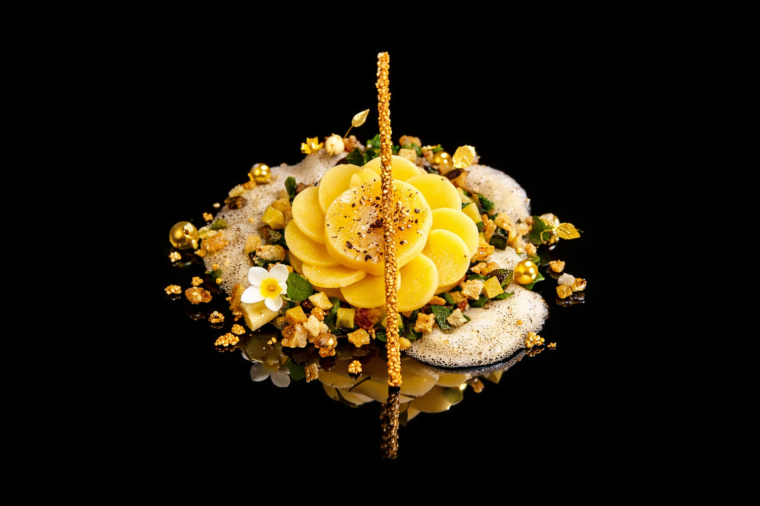 Plat de dessert élégant avec des tranches jaunes, décoré de graines, fleurs blanches et de petites décorations dorées, présenté sur un fond noir.