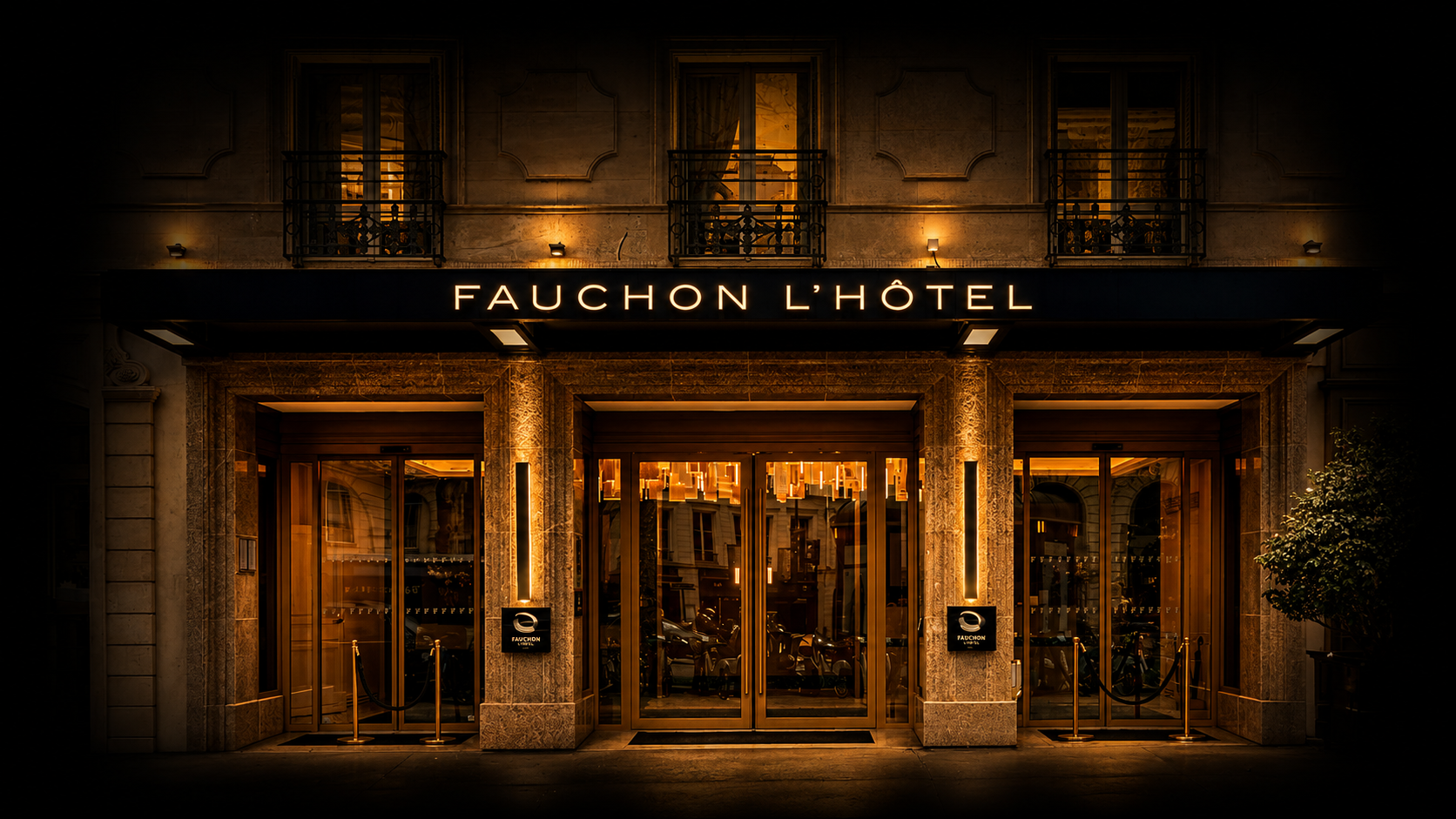 Façade de l'hôtel Fauchon L'hôtel, illuminée, avec des portes en verre, un panneau d'affichage et des balcons au étage supérieur, dans un style élégant et moderne.
