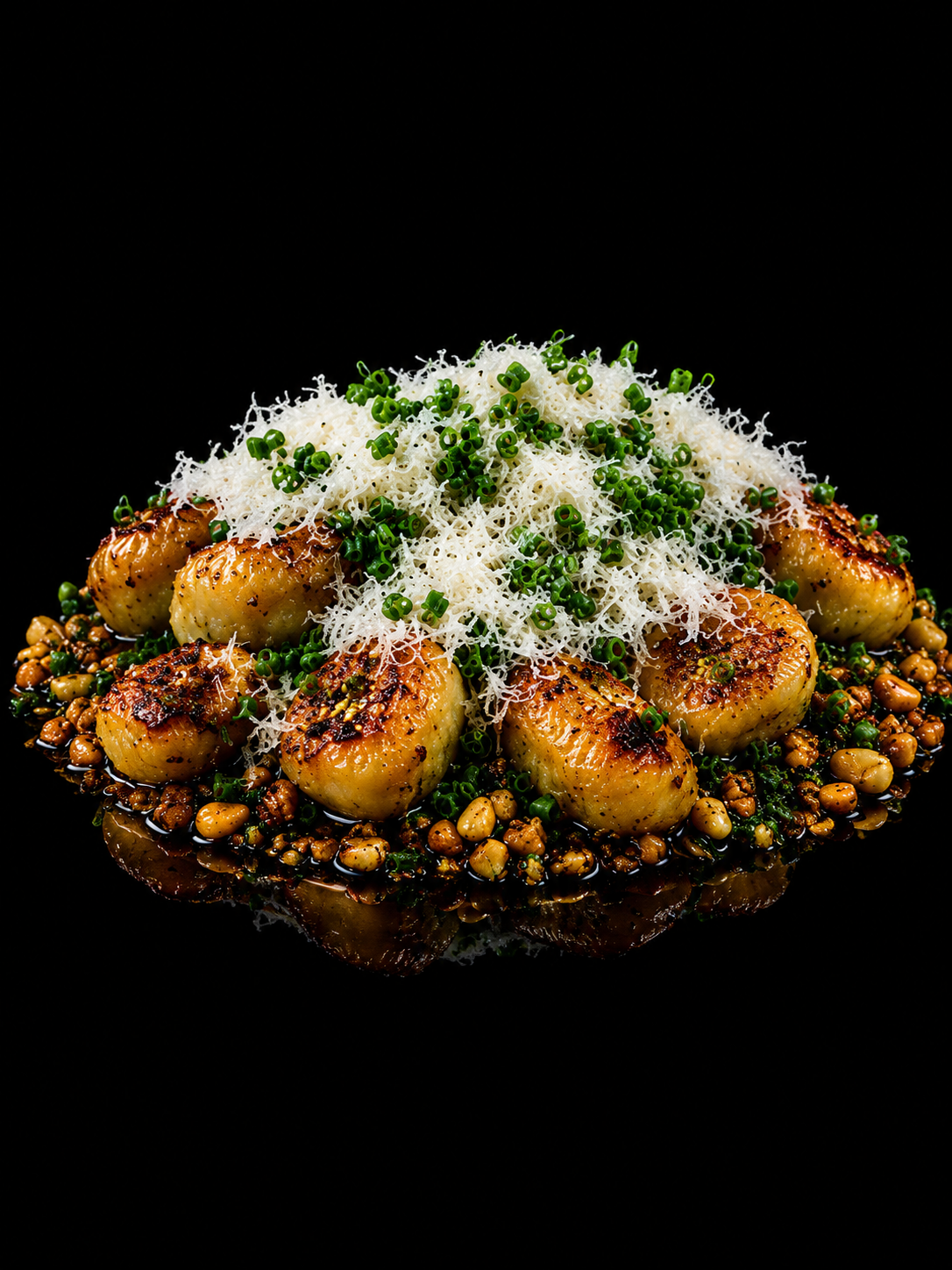 Gnocchis de pommes de terre grillés garnis de fromage râpé et de ciboulette, sur un lit de lentilles et de graines, avec un fond noir.