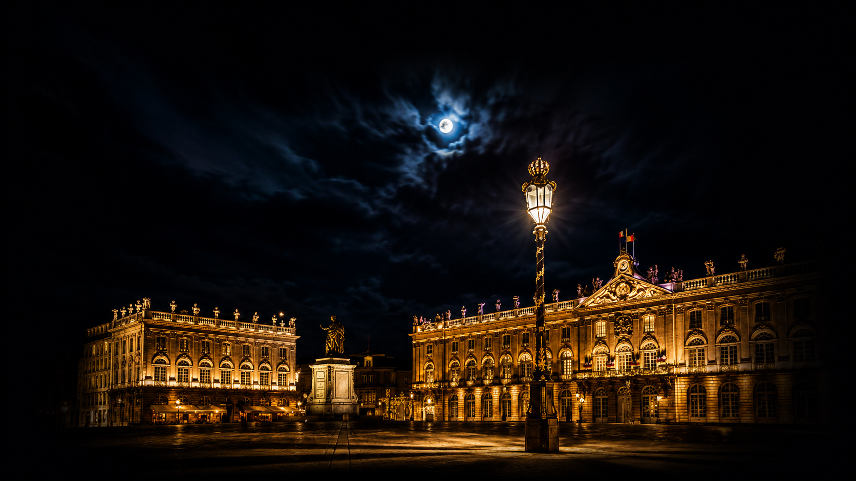 Une place éclairée devant un palais historique sous une pleine lune avec des nuages nocturnes, éclairage chaud sur le bâtiment et lampadaire au centre.