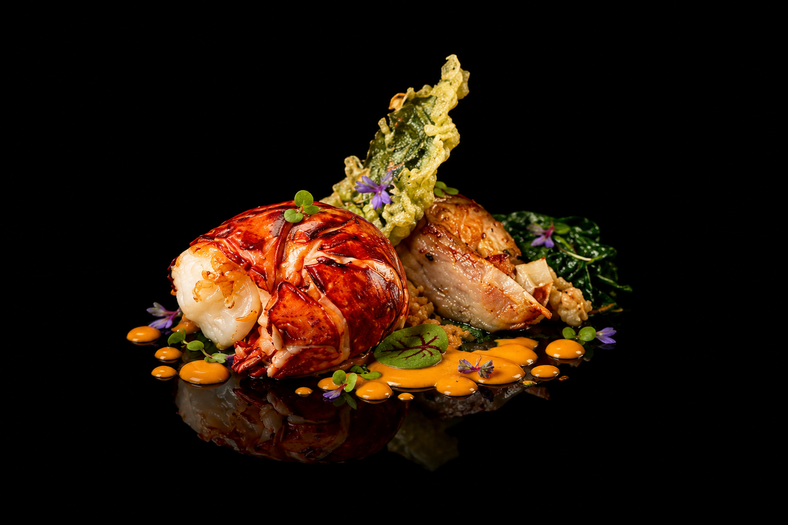 Assiette gastronomique avec homard, légumes et garnitures, décorée de fleurs comestibles et de sauces