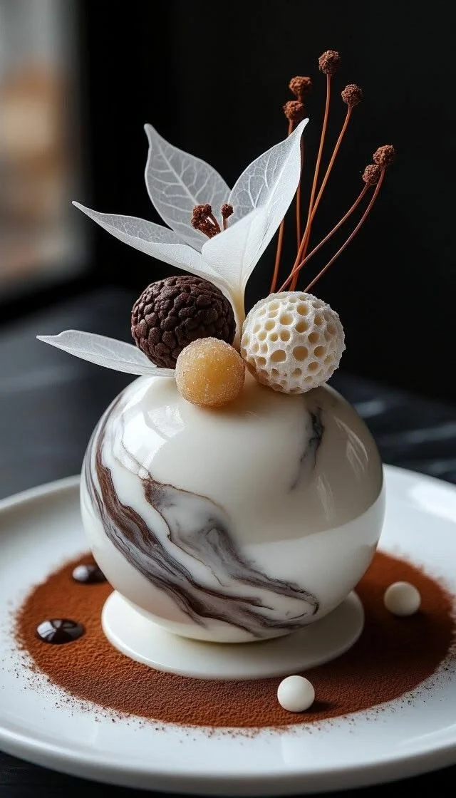 Un dessert géoïde avec une décoration sophistiquée comprenant des éléments blancs, marrons et dorés, avec des feuilles blanches et des fibres plus longues.