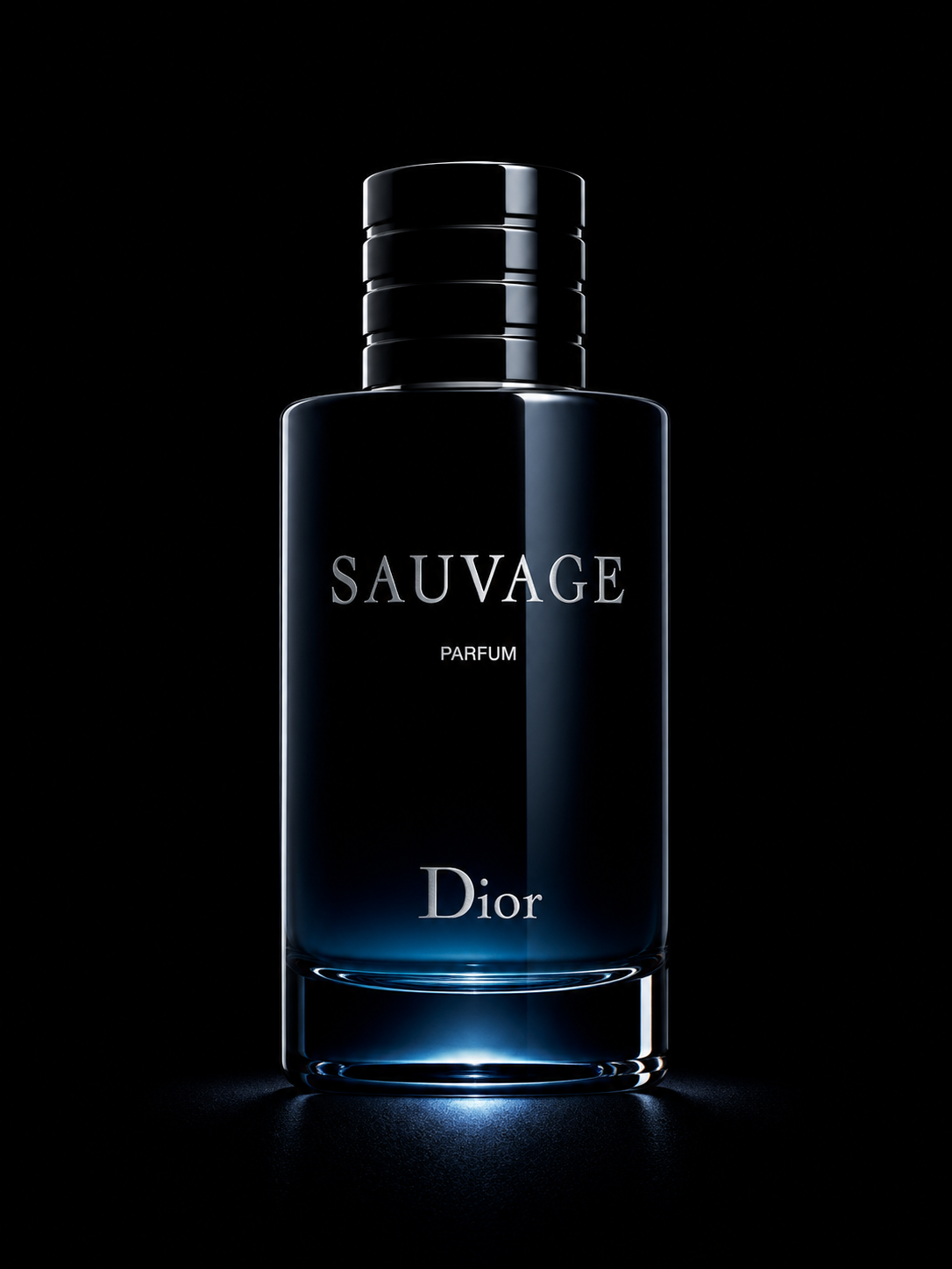 Bouteille de parfum Dior Sauvage noire avec éclairage mettant en valeur son design élégant.